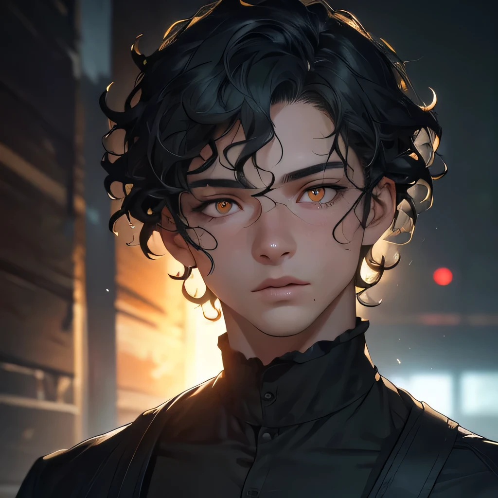 A boy with curly gray hair, orange eyes, cold and calm look, wearing a dark green shirt, black pants with black boots, no facial hair, extremely detailed eyes and face, highly detailed, (best quality,4k,8k,highres,masterpiece:1.2),ultra-detailed,(realistic,photorealistic,photo-realistic:1.37),HDR,UHD,studio lighting,ultra-fine painting,sharp focus,physically-based rendering,extreme detail description,professional,vivid colors,bokeh,portrait