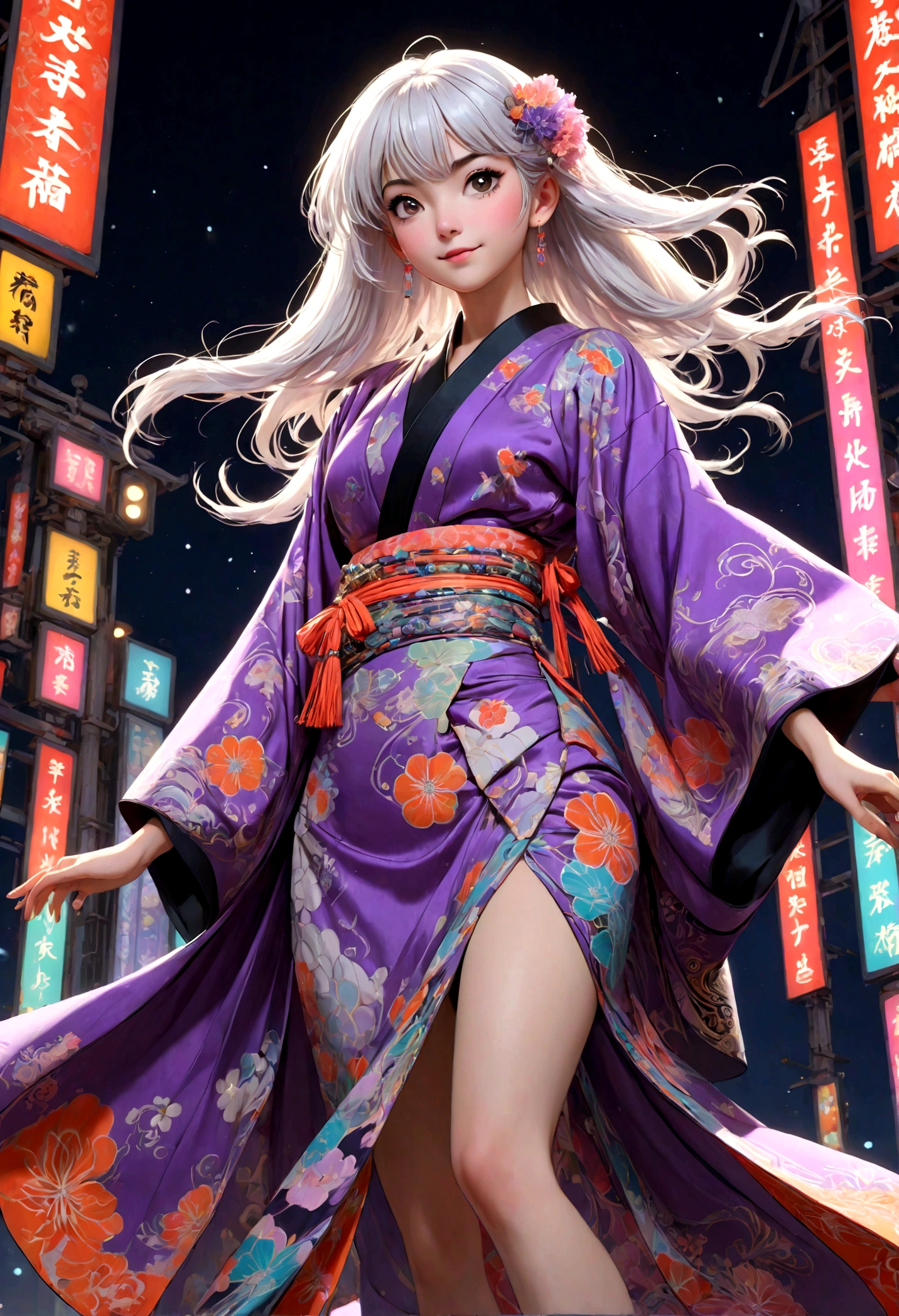 (Ultra-detailed face, looking away:1.3), (Fantasy Illustration with Gothic & Ukiyo-e & Comic Art), (The scene looks up at the runway from below:1.4), (Full Body, A young-aged woman with white hair, blunt bangs, Very long disheveled hair, lavender eyes), (She is jumping, singing, dancing, and walking down a fashion show runway in an avant-garde, futuristic neon-colored Japanese kimono, smiling and striking daring poses), (In the background, lights of various colors in an art nouveau style are flitting about)