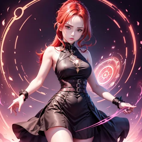 (1girl) a red hair in a pony tail magician lady with narrow waist and big hips wearing a black mini dress with pink ormanent, su...