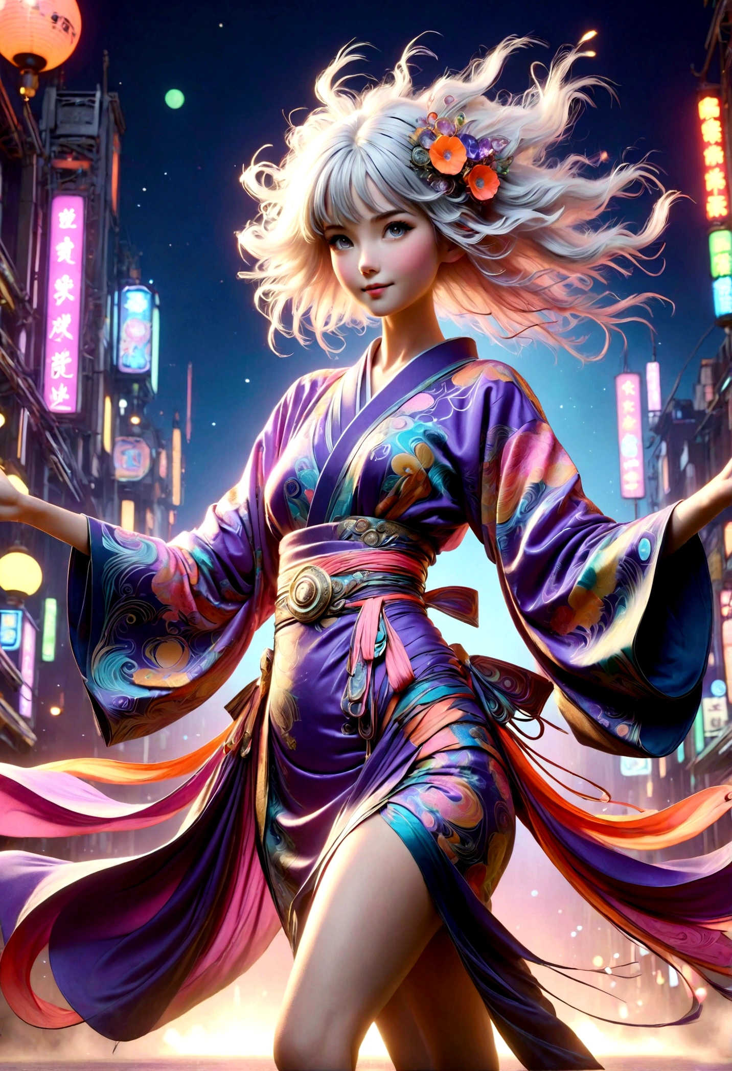 (Ultra-detailed face, looking away), (Fantasy Illustration with Gothic & Ukiyo-e & Comic Art), (The scene looks up at the runway from below:1.4), (Full Body, A young-aged woman with white hair, blunt bangs, Very long disheveled hair, lavender eyes), (She is jumping, singing, dancing, and walking down a fashion show runway in an avant-garde, futuristic neon-colored Japanese kimono, smiling and striking daring poses), (In the background, lights of various colors in an art nouveau style are flitting about)