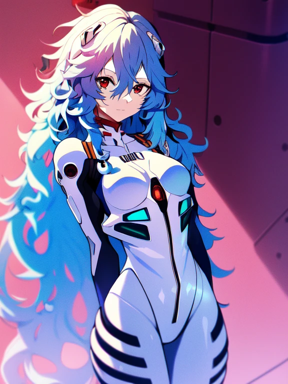 absurdres, best quality, 1girl, solo, looking at viewer, eye focus,  rei_evangelion, light blue hair, red eyes, long hair, absurdly long hair, kinky hair, curly hair, plugsuit, pilot suit, interface headset, white bodysuit, white pilot suit, white plugsuit, (messy hair:1), (expressionless:1)