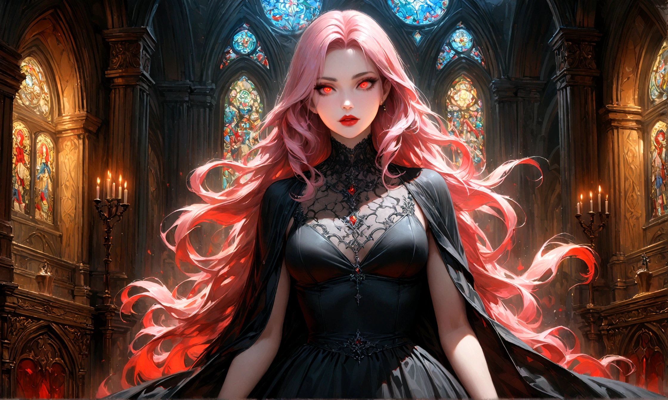 Arafed, dark fantasy art, glamour shot, award winning shot, photorealistic, a portrait of a female vampire drinking a glass of blood,, pink hair, long hair, red lips, glowing eyes, there is an imprint of white rose, dynamic color, she wears, an elegant (black dress: 1.5), blood dripping from lips, catholic church and altar background, bar background, 16k, ultra detailed, masterpiece, best quality, (extremely detailed), Dark Art Painting Style