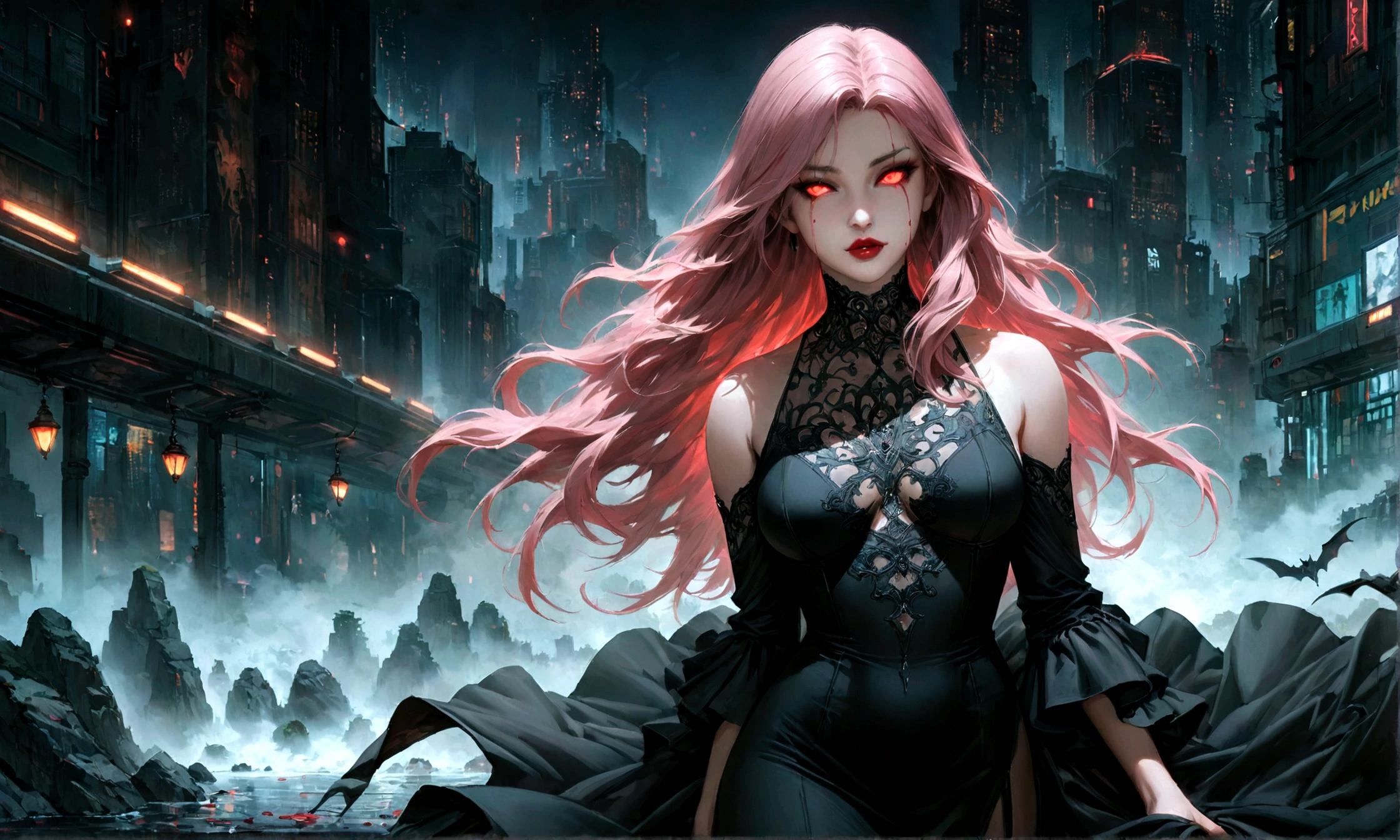 Arafed, dark fantasy art, glamour shot, award winning shot, photorealistic, a portrait of a female vampire drinking a glass of blood,, pink hair, long hair, red lips, glowing eyes, there is an imprint of white rose, dynamic color, she wears, an elegant (black dress: 1.5), blood dripping from lips, cyberpunk bar background, 16k, ultra detailed, masterpiece, best quality, (extremely detailed), Dark Art Painting Style, Hyperrealism style