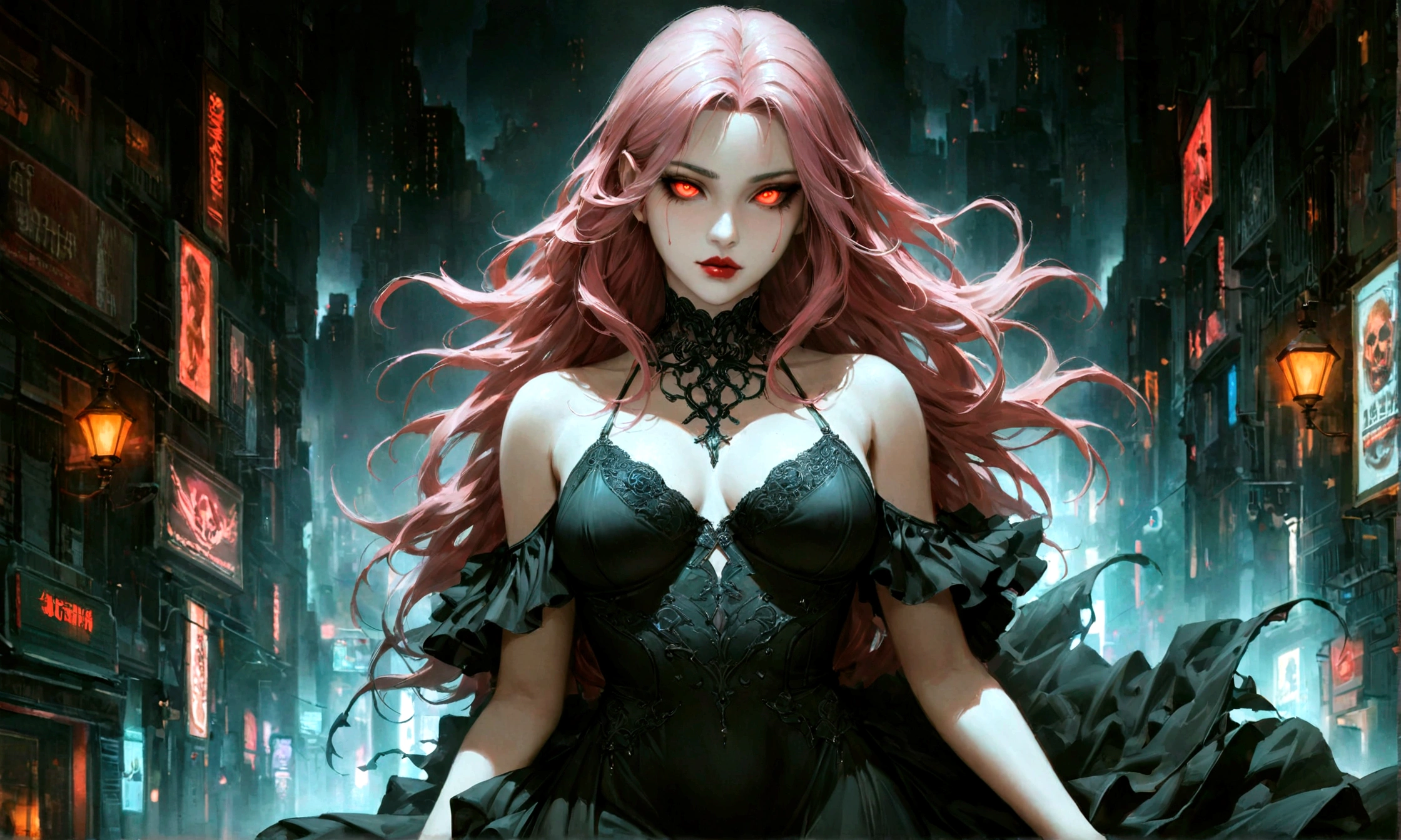 Arafed, dark fantasy art, glamour shot, award winning shot, photorealistic, a portrait of a female vampire drinking a glass of blood,, pink hair, long hair, red lips, glowing eyes, there is an imprint of white rose, dynamic color, she wears, an elegant (black dress: 1.5), blood dripping from lips, cyberpunk bar background, 16k, ultra detailed, masterpiece, best quality, (extremely detailed), Dark Art Painting Style, Hyperrealism style