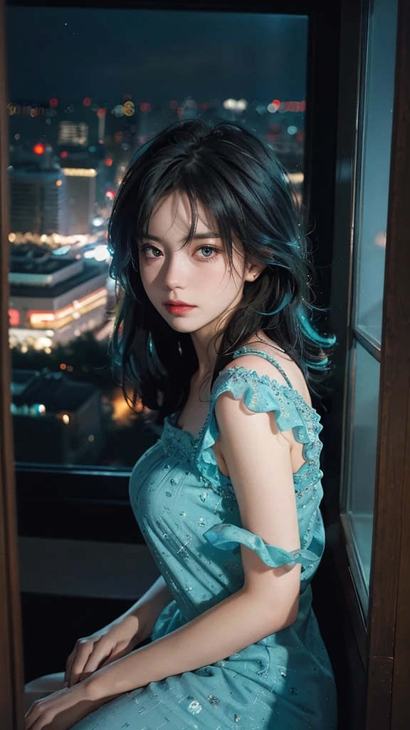 ((High quality, 8k, perfect quality, realistic)), beautiful, perfect face, gazing out the window, nighttime, ((dark room)), Before sleeping, restless, short nightgown, staring at the window, city night view, hair color black and cyan, night city, ((lights off)), facing the window 