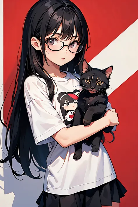 9-year-old girl,Long black hair，Wearing glasses，Chibi:1.2，Holding a cute kitten，Oversized printed T-shirt，Short miniskirt，