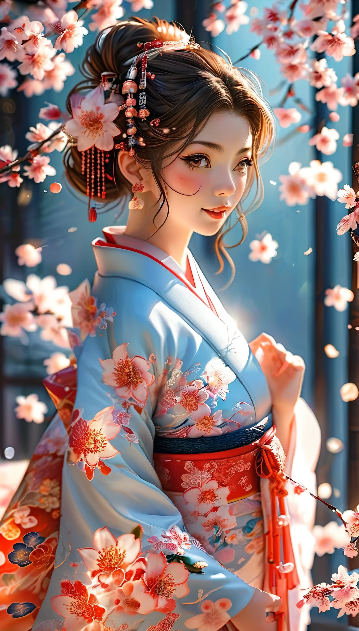 A masterpiece of a high school girl wearing a provocative kimono: A 16K UHD masterpiece unfolds in a Japanese-style room decorated with cherry blossoms and lanterns。An attractive young woman with brown hair flowing down her back、She wears a flowing kimono that accentuates her curves.。Her blue eyes sparkle with admiration as she smiles with her mouth open.、Her detailed features give off a blushing charm。Photorealistic images are、From the stitching on your kimono to every strand of hair、It captures every detail as the light flows gently behind her.。Her long fingers are adorned with intricate nails