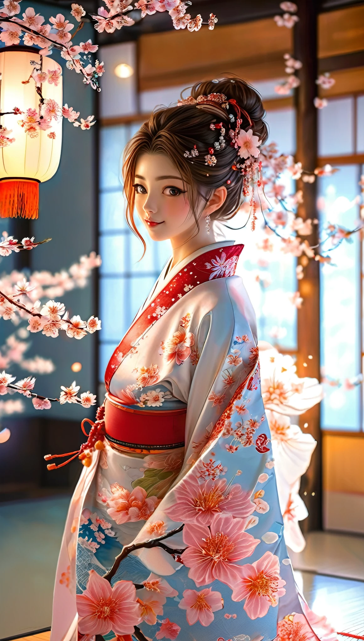 A masterpiece of a high school girl wearing a provocative kimono: A 16K UHD masterpiece unfolds in a Japanese-style room decorated with cherry blossoms and lanterns。An attractive young woman with brown hair flowing down her back、She wears a flowing kimono that accentuates her curves.。Her blue eyes sparkle with admiration as she smiles with her mouth open.、Her detailed features give off a blushing charm。Photorealistic images are、From the stitching on your kimono to every strand of hair、It captures every detail as the light flows gently behind her.。Her long fingers are adorned with intricate nails