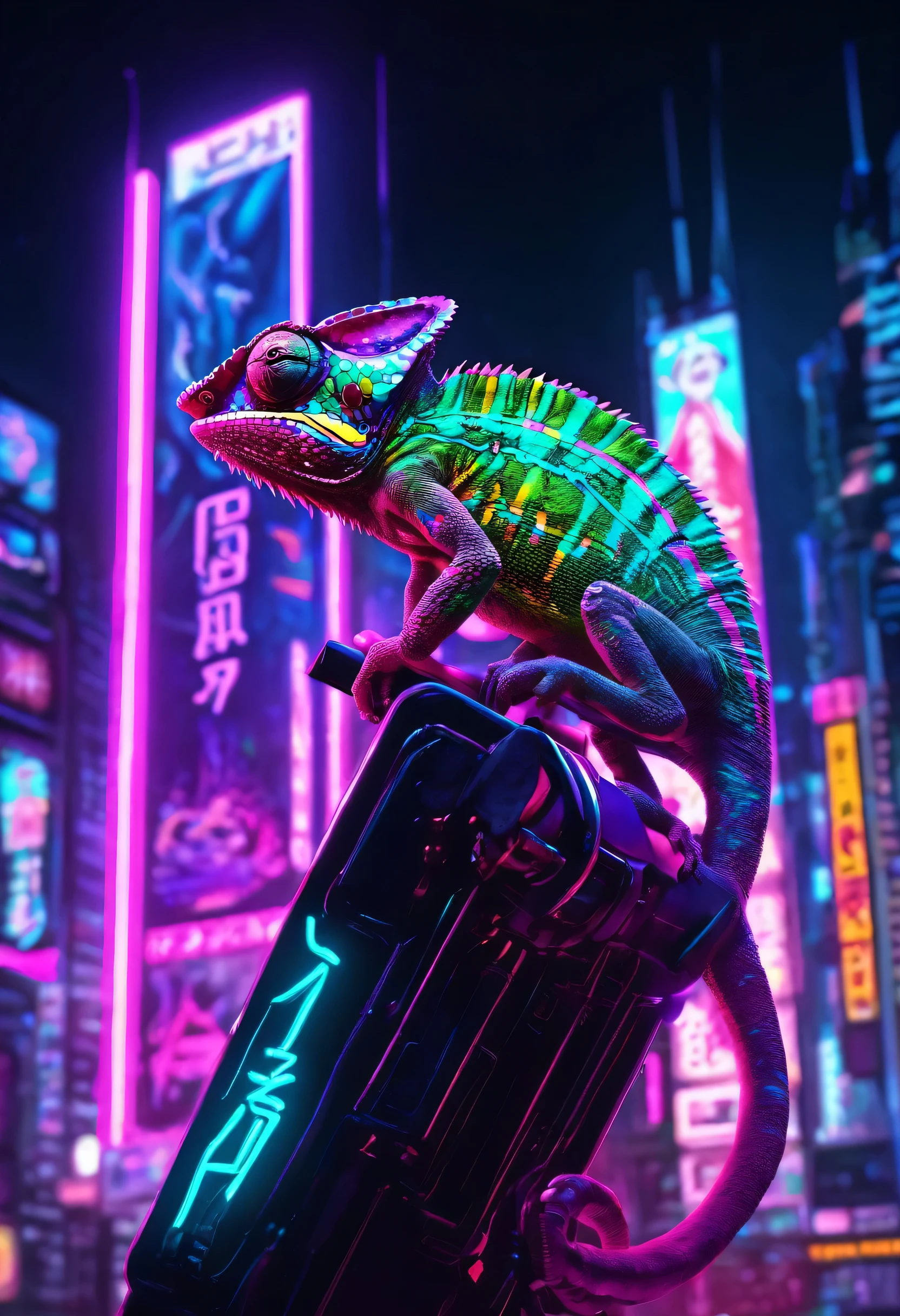 un caméléon, avec des fonctionnalités cyberpunk, détails réalistes, positionné sur une enseigne au néon, éclairage au néon lumineux et coloré, dans un décor futuriste de Tokyo avec des gratte-ciel et des hologrammes, style artistique réaliste, Résolution 4K