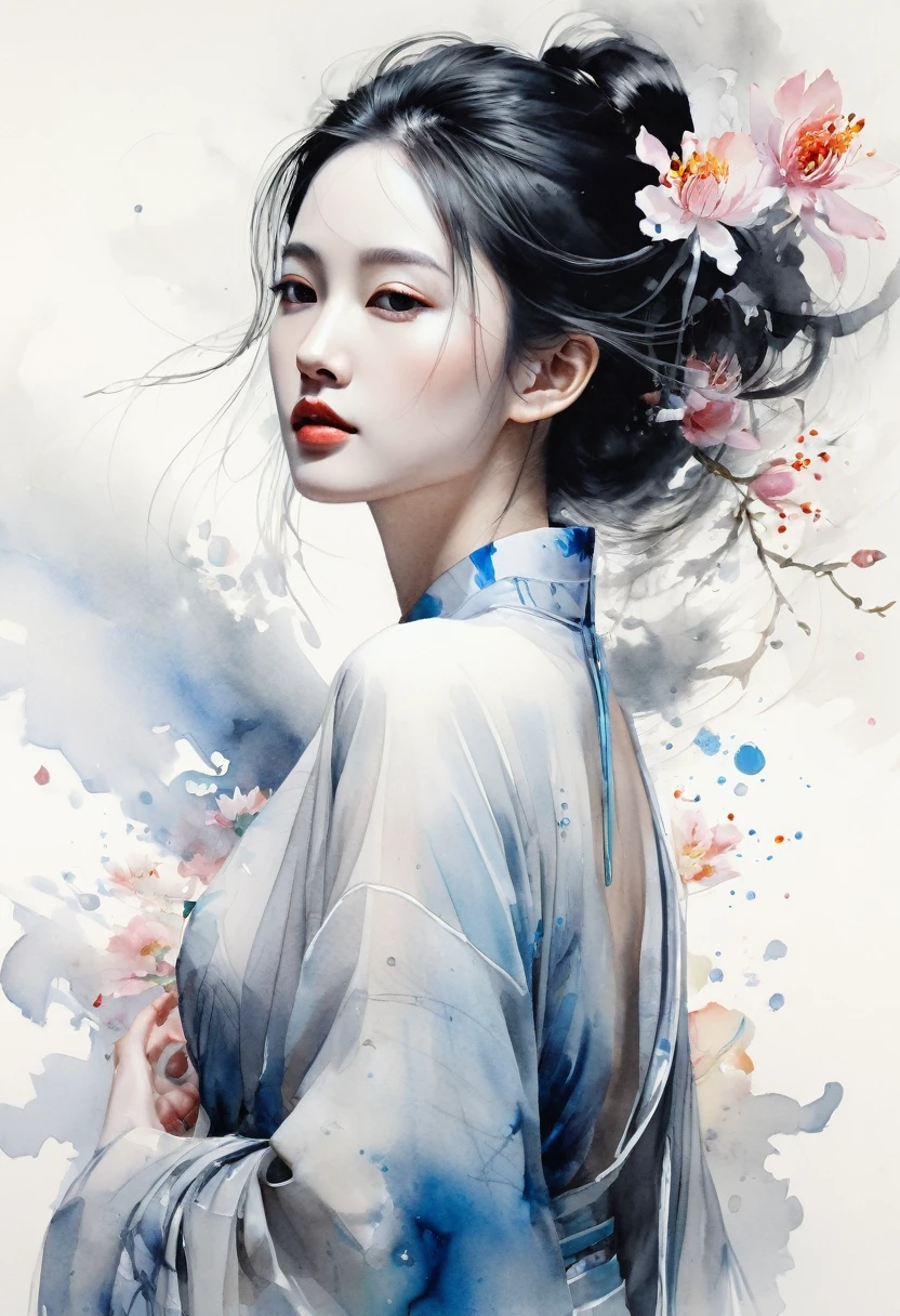 Illustrationsstil, preisgekrönte Kunst, traditioneller chinesischer Malstil, Tuschmalerei im Stil der, fließende Pinselstriche, von Agnes Cecile, Reich an Schichten, Klassisches chinesisches Mädchenbild, Die perfekte Fusion von moderner Kunst und traditioneller chinesischer Malerei, Ganzkörperansicht, Ein chinesisches Mädchen, Äußerst schönes Antlitz, Klassische Schönheit des Ostens, lange Haare, Seidenartige Kleidung, in durchsichtiger Kristallskulptur Glitch getragen, Perfekter weiblicher Körper, Anmutige östliche Frau, Octane Render-Meisterwerk, Verstreute Aquarelle,Meisterwerk-Skala, fallende Blütenblätter, schöne Tiefenschärfe, ultradetaillierte CG-Perspektive, ultra dynamische Beleuchtung erstaunliche Schatten