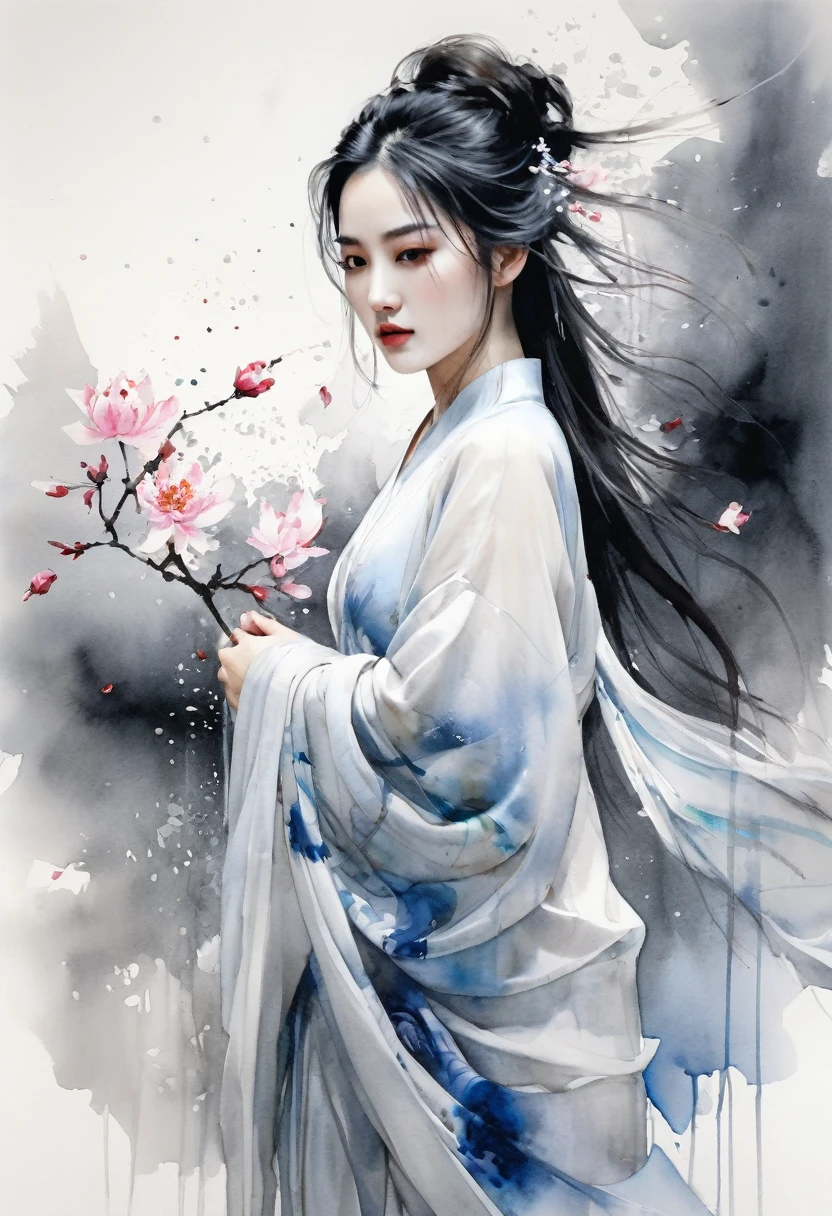 Illustration style, award winning art, Traditional Chinese painting style, Ink wash painting style, Flowing brushstrokes, by Agnes Cecile, Rich in layers, Classical Chinese maiden painting, The perfect fusion of modern art and traditional Chinese painting, Full-body view, A Chinese girl, Extremely beautiful countenance, Classical beauty of the East, Long hair, Silk-textured clothing, weared in translucent crystal sculpture glitch, Perfect female body, Graceful Eastern woman, octane render masterpiece, Scattered Watercolors,masterpiece scale, Falling petals, beautiful depth of field, ultra detailed CG perspective, ultra dynamic lighting amazing shadows