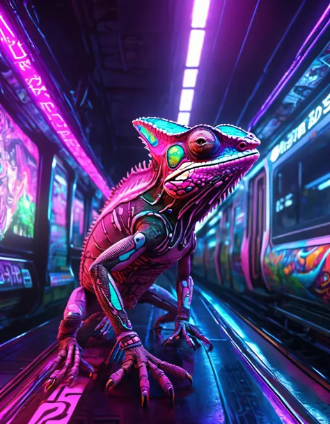 a cyborg chameleon, with cyberpunk elements, realistic details, positioned on a subway platform, intense and colorful neon light...
