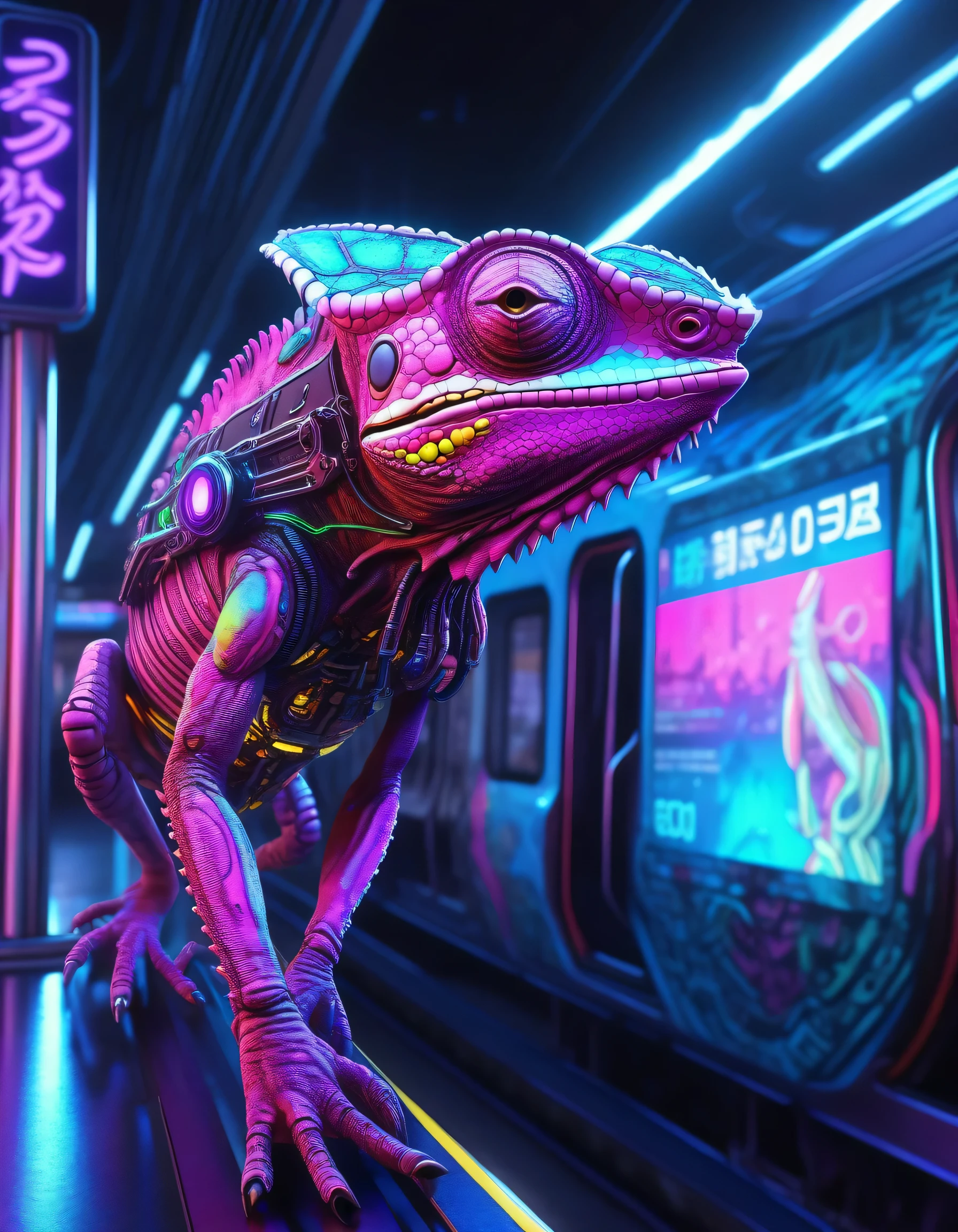 un caméléon cyborg, avec des éléments cyberpunk, détails réalistes, positionné sur un quai de métro, éclairage néon intense et coloré, dans un décor futuriste de Tokyo avec des trains high-tech et des publicités holographiques, style artistique réaliste, Résolution 4K