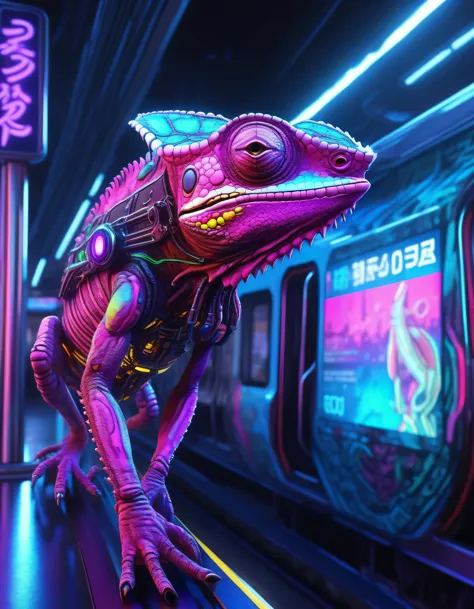 a cyborg chameleon, with cyberpunk elements, realistic details, positioned on a subway platform, intense and colorful neon light...