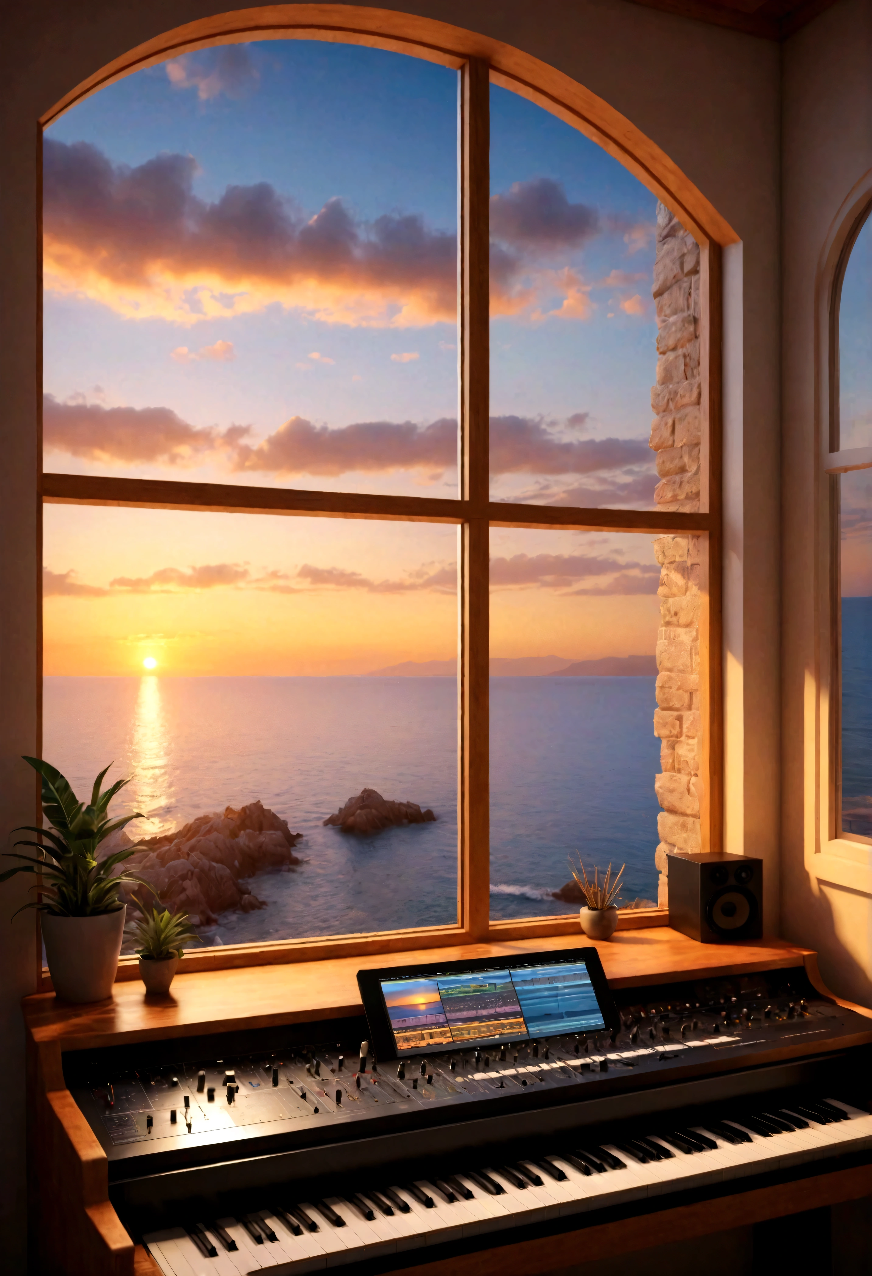 music studio with a seaside view through window,sunset,8k,masterpiece,perfect composition