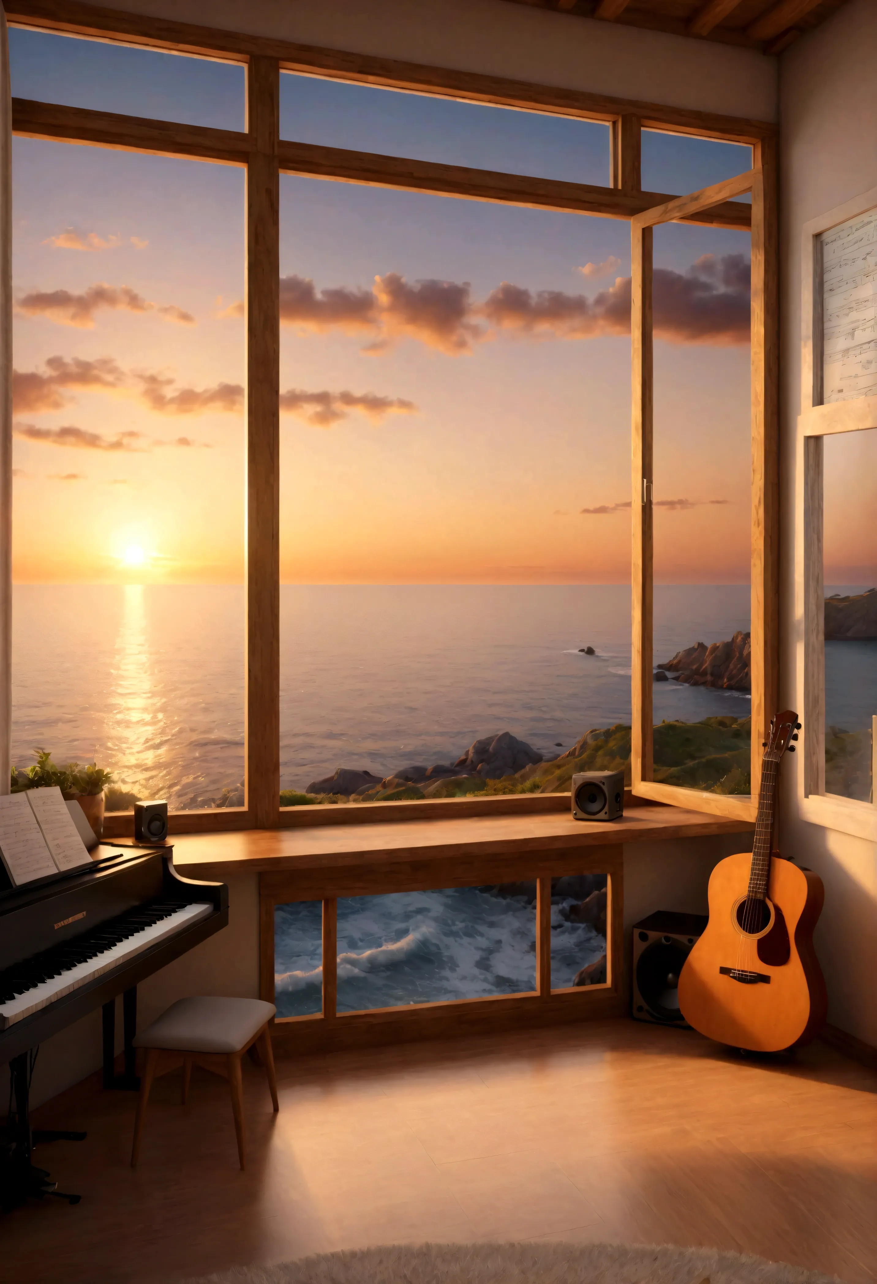 music studio with a seaside view through window,sunset,8k,masterpiece,perfect composition