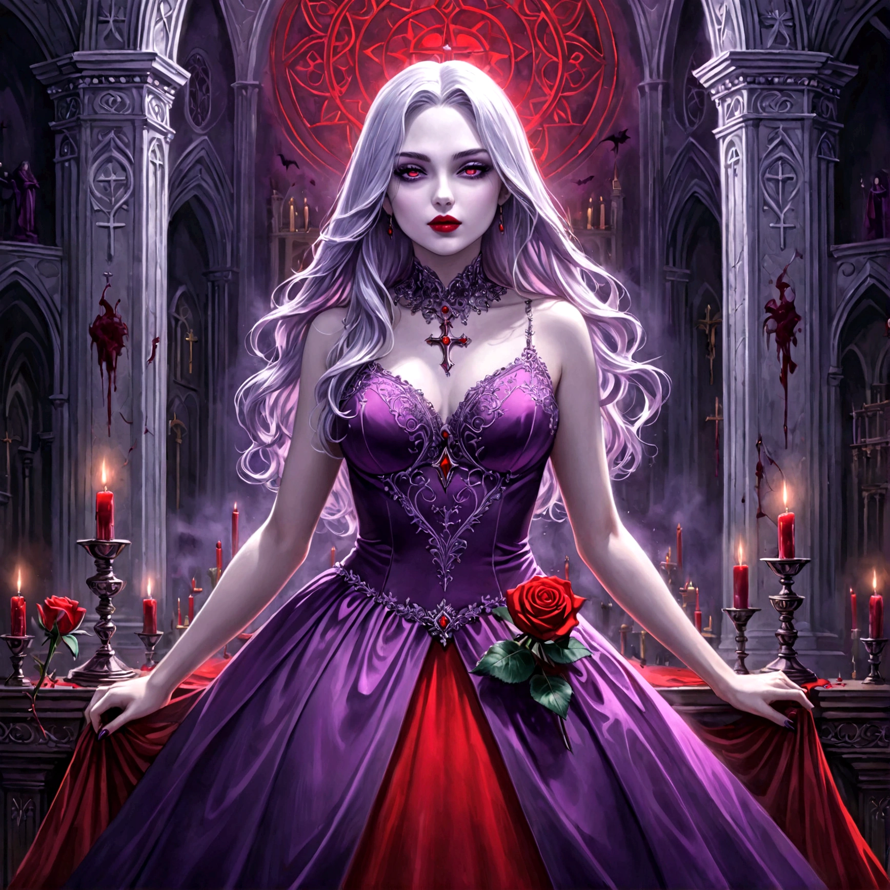 Arafed, dark fantasy art, glamour shot, award winning shot, photorealistic, a portrait of a female vampire drinking a glass of blood,, silver hair, long hair, red lips, glowing eyes, there is an imprint of ((white rose)), dynamic color, she wears, an elegant (purple dress: 1.5), catholic church and altar ackground, 16k, ultra detailed, masterpiece, best quality, (extremely detailed), Dark Art Painting Style, GlowingRunesAI_red