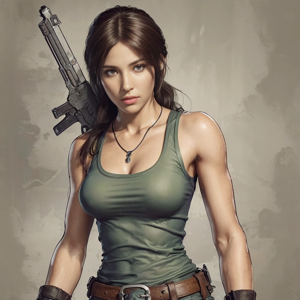 Lara Croft, eyes browns, (best qualityer, ultra detali), (realisitic:1.37), beautiful and detailed face, ultra-realisitic texture, 精致的面容, Delicate body, red lipgloss stick, shiny colors. High definition, 8K