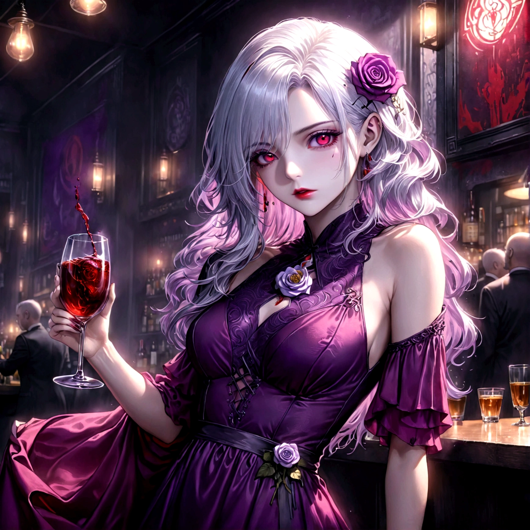 Arafed, dark fantasy art, glamour shot, award winning shot, photorealistic, a portrait of a female vampire drinking a glass of blood,, silver hair, long hair, red lips, glowing eyes, there is an imprint of ((white rose)), dynamic color, she wears, an elegant (purple dress: 1.5), cyberpunk bar background, 16k, ultra detailed, masterpiece, best quality, (extremely detailed), Dark Art Painting Style, GlowingRunesAI_red