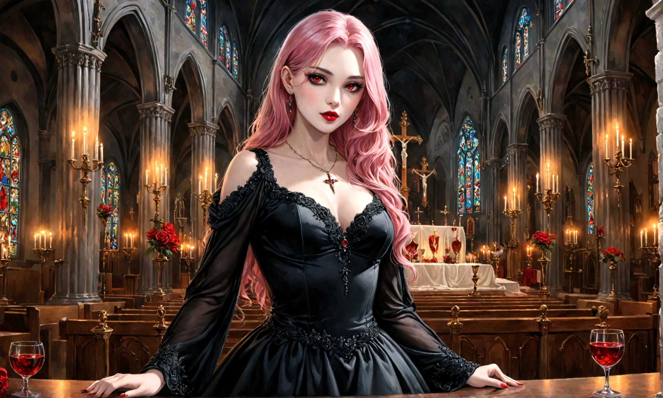 Arafed, arte de fantasia sombria, tiro de glamour, tiro premiado, fotorrealista, um retrato de uma vampira feminina bebendo um copo de sangue,, cabelo rosa, cabelo longo, lábios vermelhos, olhos brilhantes, Há uma impressão de rosa branca, cor dinâmica, Ela veste, um elegante (vestido preto: 1.5), igreja católica e fundo do altar, Fundo da barra, 16k, ultra detalhado, obra de arte, melhor qualidade, (extremamente detalhado), Estilo de pintura de arte escura