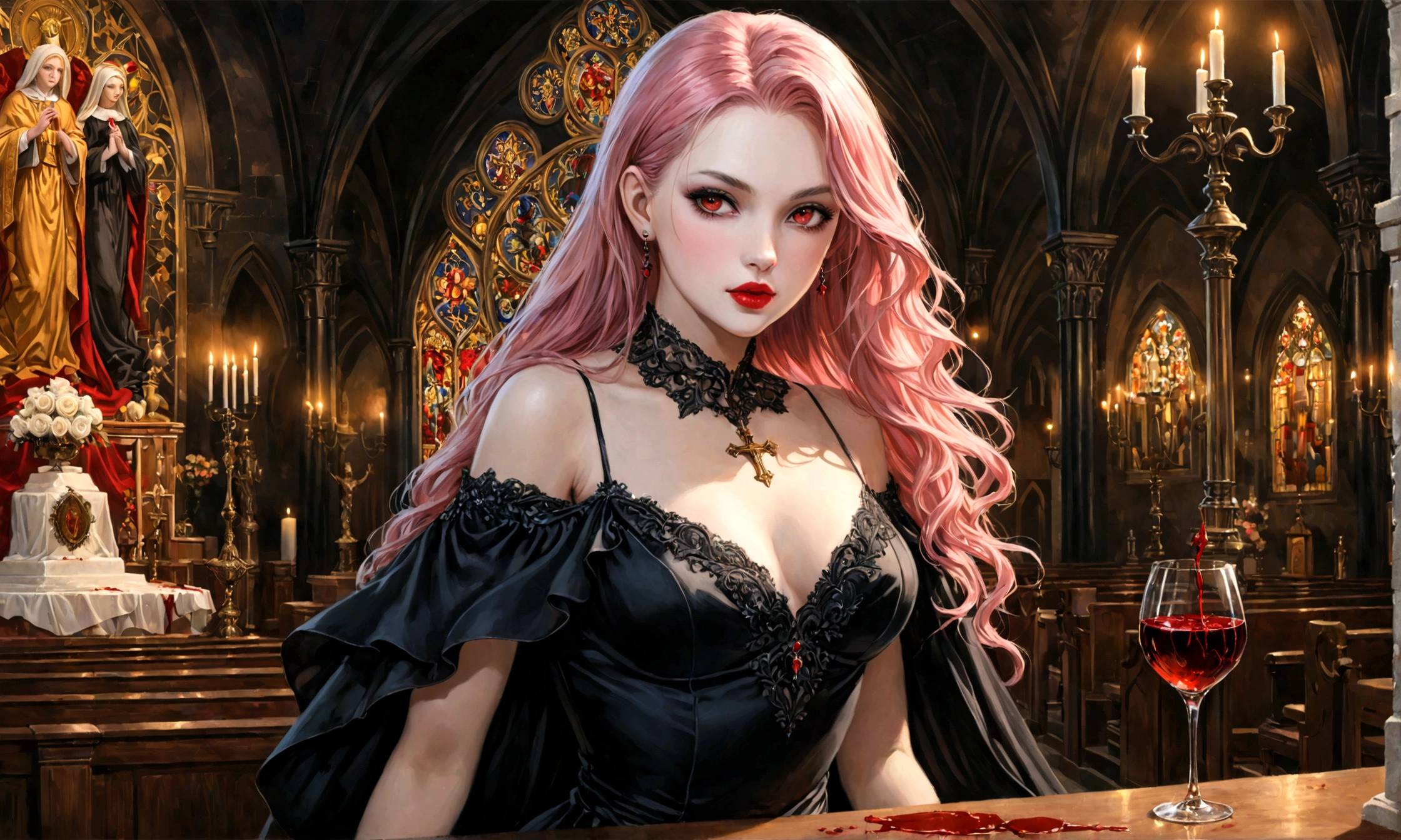 Arafed, dark fantasy art, glamour shot, award winning shot, photorealistic, a portrait of a female vampire drinking a ((glass of blood)), pink hair, long hair, red lips, glowing eyes, there is an imprint of white rose, dynamic color, she wears, an elegant (black dress: 1.5), catholic church and altar background, bar background, 16k, ultra detailed, masterpiece, best quality, (extremely detailed), Dark Art Painting Style