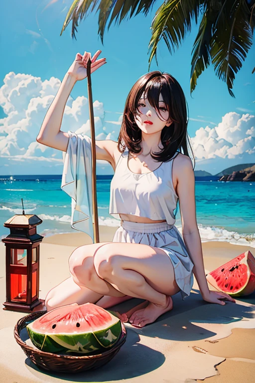 highest quality、masterpiece、High sensitivity、High resolution、One Woman、Slim Body、beach、Splitting a watermelon with a stick、Blindfolded with a white towel、