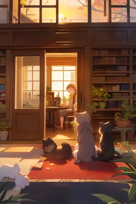 Cute cat and girl，In the old library，Foliage plant，Sunset shining through the window，Beautiful sunset，Quiet Holiday，