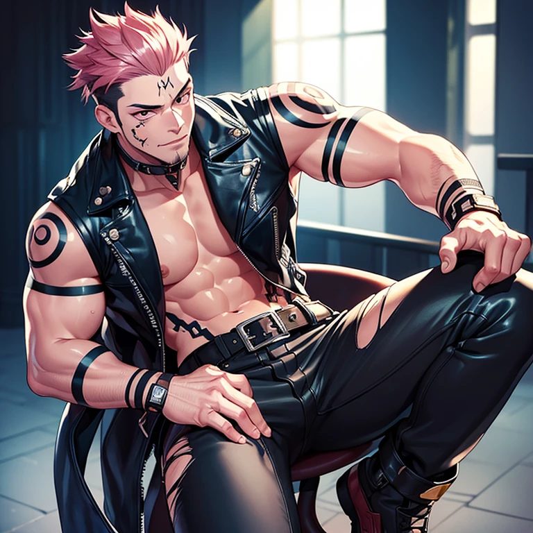 (masterpiece, best quality:1.2), nsfw, cowboy shot, 1boy, sukuna, leather fingerless gloves, tattoo_on_his_face, manly, full body, biker, pink hair, intricate details, ultra detailed, black leather, muscular male, eye focus, biker jacket, anatomically correct,