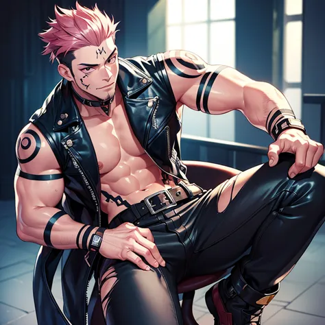 (masterpiece, best quality:1.2), nsfw, cowboy shot, 1boy, sukuna, leather fingerless gloves, tattoo_on_his_face, manly, full bod...