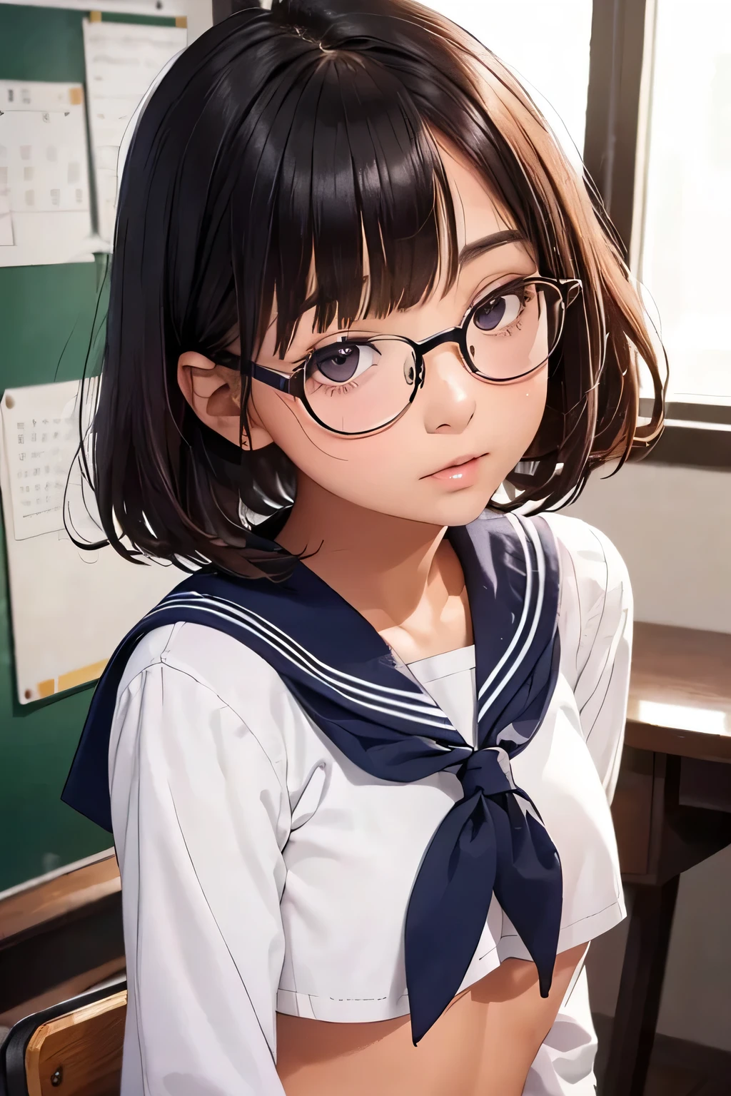 highest quality、High resolution、Detailed Background、(Beautiful face in every detail:1.4)、Anatomically correct、Cute hair colour、Bobcut、Teenage Girl、Glasses、Attractive ass、Sailor suit、classroom、(A girl looking back from directly below.4)、(Underboob:1.2)、Cute gestures