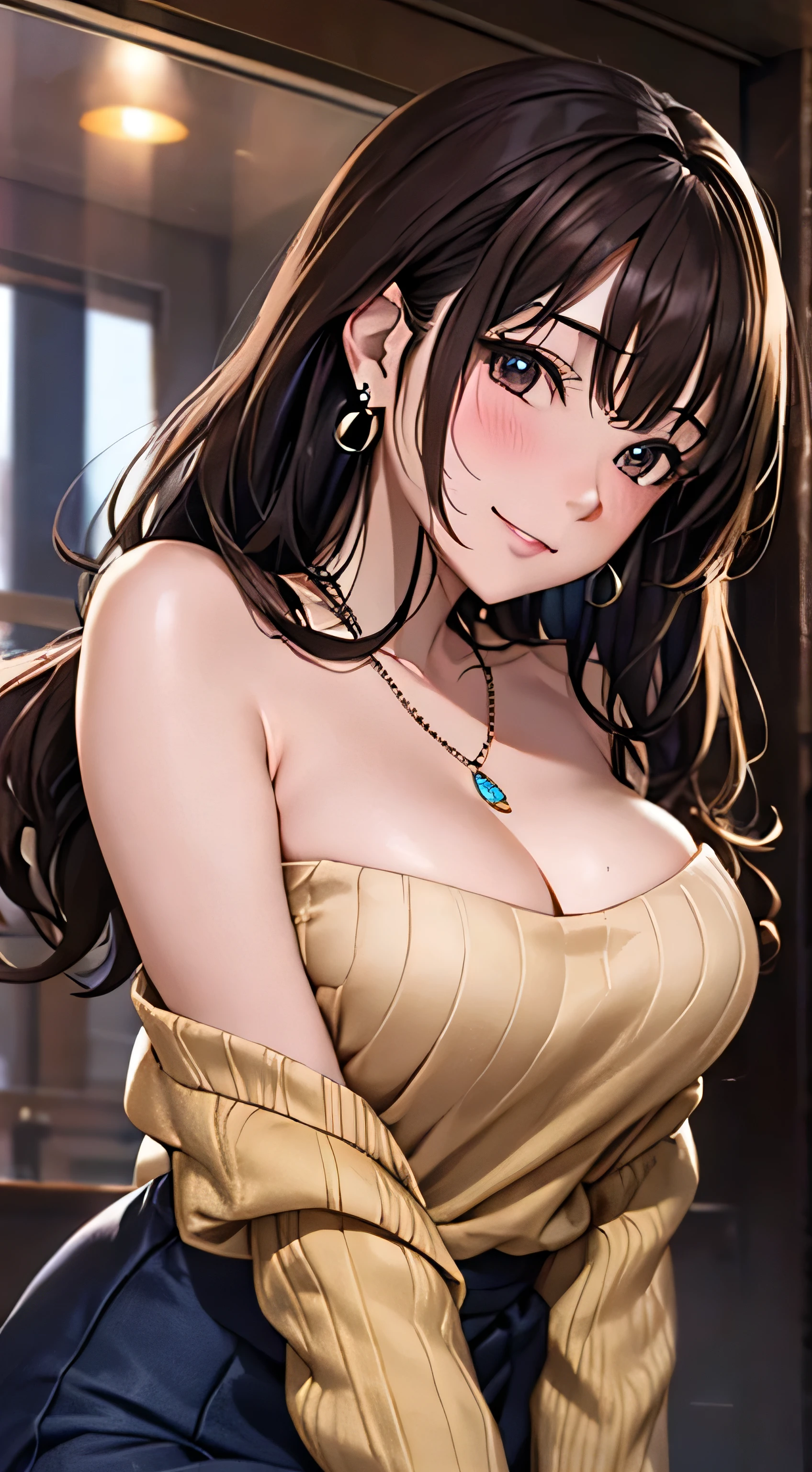(Tabletop, highest quality, High resolution, , Pixel Perfect, 4K,), 1 girl, single, alone, Beautiful woman、I could see the whole body、 ((Wavy mid-length hair, bangs, Brown Hair)), ((Brown eyes, Beautiful eyelashes, Realistic eyes)), ((Detailed face, blush:1.2)), ((Smooth texture:0.75, Realistic texture:0.65, Realistic:1.1, Anime CG Style)), Center of chest, Dynamic Angle, Perfect body, ((, female teacher, , Earrings、necklace、Light beige open neck sweater、Long flared skirt in dark blue、Black knee-high stockings、、A shy smile、Put your hands behind your back、Leaning forward、)), look up、、(、、、Angle from below)、