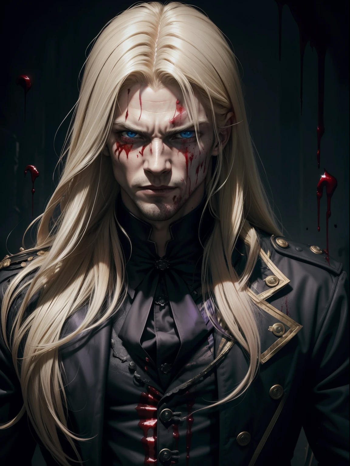 (masculine), (horrifying,shocking),blood-spattered man, male covered in blood,long flowing blond hair, , ((paled skin)) ,expressive eyes,dramatic lighting,gritty and intense,horror portrait,violent,splattered blood,dark and haunting background,close-up of face and body,bloody handprints,terrifying aura,macabre,vivid colors,high contrast, blue eyes, bloddy, masacre, androgynous, perfect face, evil smile, insane, crazy, Black coat, black suit, one young male, beautiful long hair, blond hair, blue eyes, purple victorian shirt, purple jabot, beautiful face, highest quality, wild fighting stance, blood everywhere