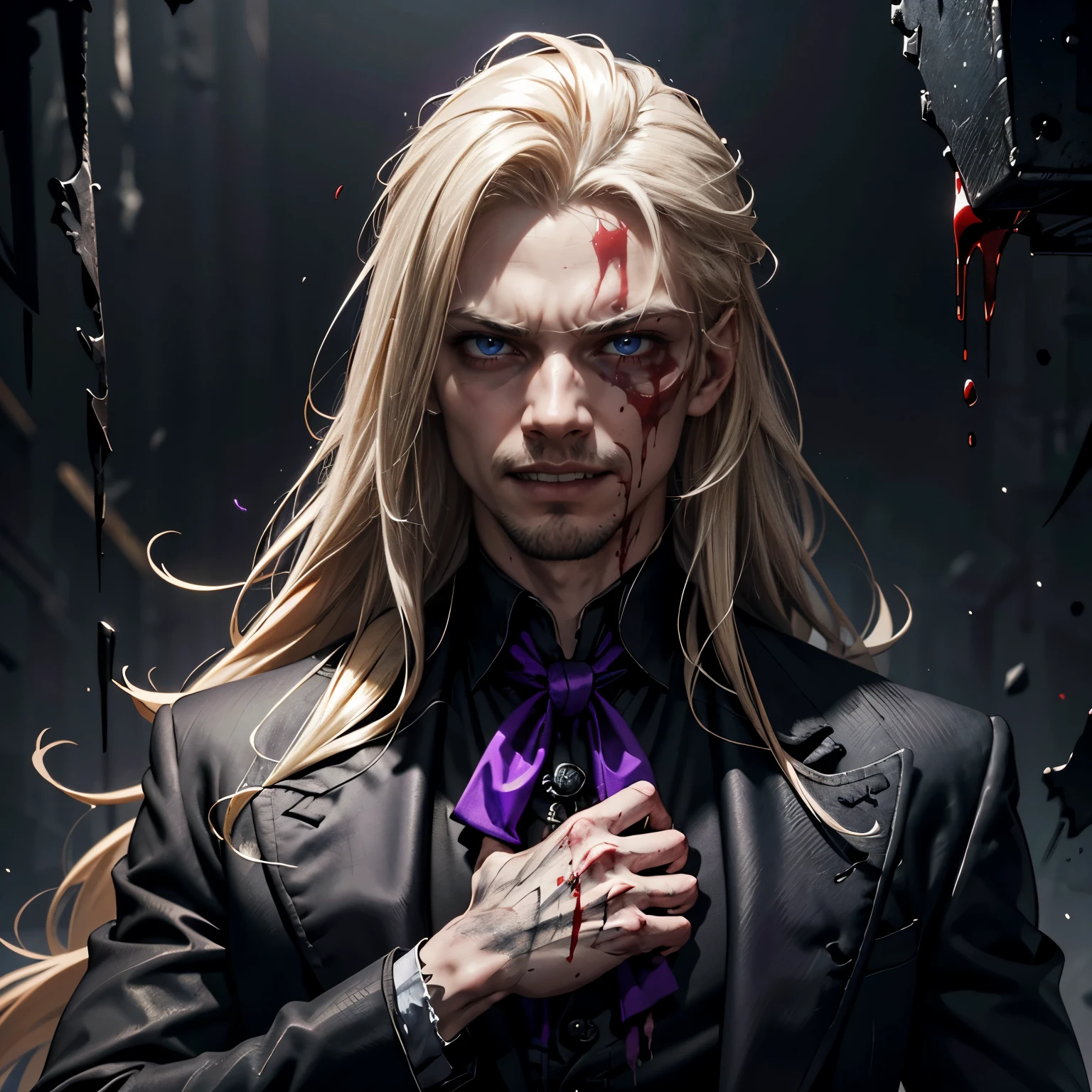 (masculine), (horrifying,shocking),blood-spattered man, male covered in blood,long flowing blond hair, , ((paled skin)) ,expressive eyes,dramatic lighting,gritty and intense,horror portrait,violent,splattered blood,dark and haunting background,close-up of face and body,bloody handprints,terrifying aura,macabre,vivid colors,high contrast, blue eyes, bloddy, masacre, androgynous, perfect face, evil smile, insane, crazy, Black coat, black suit, one young male, beautiful long hair, blond hair, blue eyes, purple victorian shirt, purple jabot, beautiful face, highest quality, wild fighting stance, blood everywhere