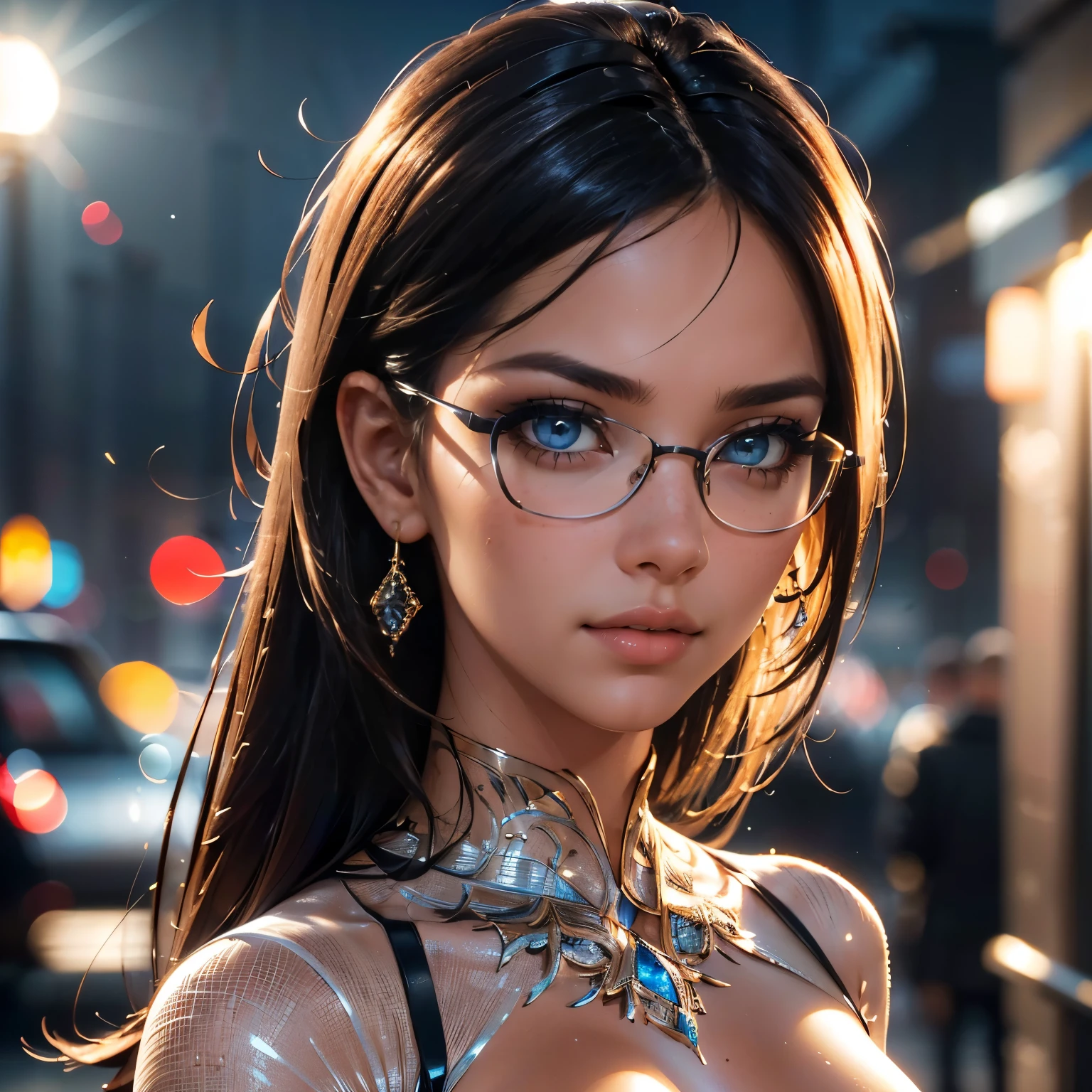 (UHD, retina, masterpiece, accurate, anatomically correct, textured skin, super detail, high details, high quality, best quality, high res, 1080P, HD, 4K, 8k, 16k), (beautiful detailed blue eyes, beautiful detailed lips, extremely detailed eyes and face), studio lighting, physically-based rendering, vivid colors, (large sexy breasts, glamorous body), (see through dress), (portrait, side cut, shiny hair, shiny skin, blush), (bokeh), eye reflection,, dark atmosphere, highly detailed skin texture, extreme details, perfect breast, dark tanned skin, freckles,, ultra detailed skin texture, soft lights,pale skin, glasses
