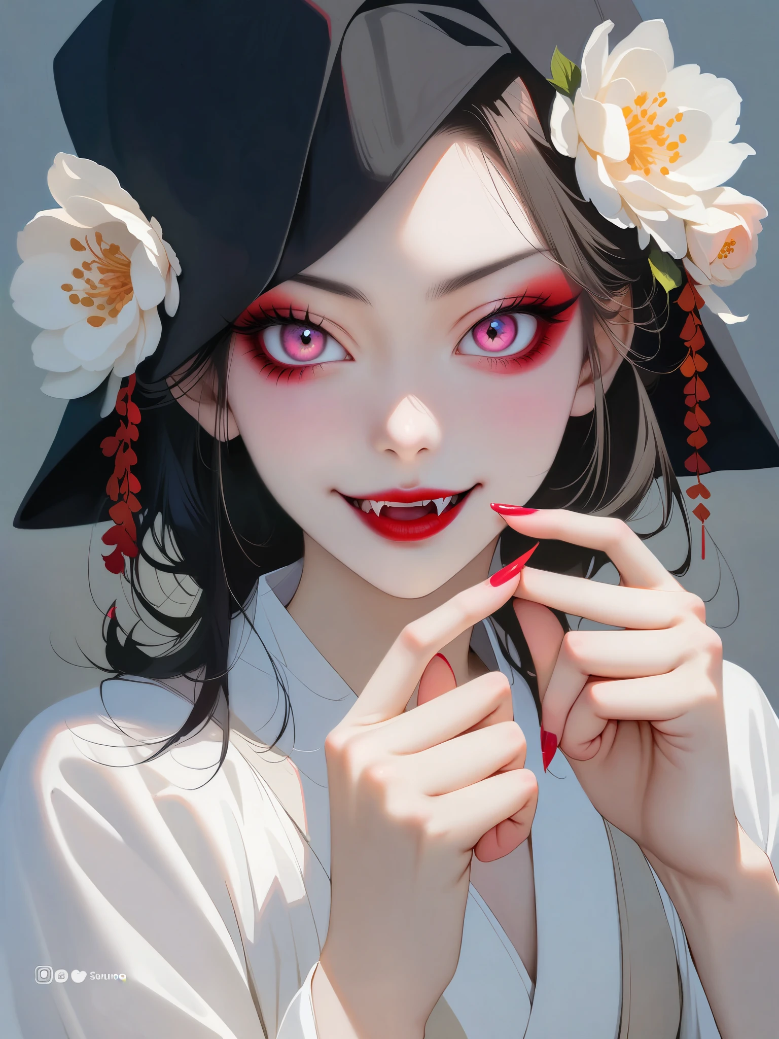 A beautiful Japanese woman with pink eyes, Long eyelashes and red lips，dressed in white Hanfu，Similar makeup to Ueno Yosuke，Selfie on Instagram，Vampire fangs protruding from between fingers. She has fair skin，Wearing a black hat decorated with flowers. Background color should be gray. Her expression conveys confidence or playfulness. 