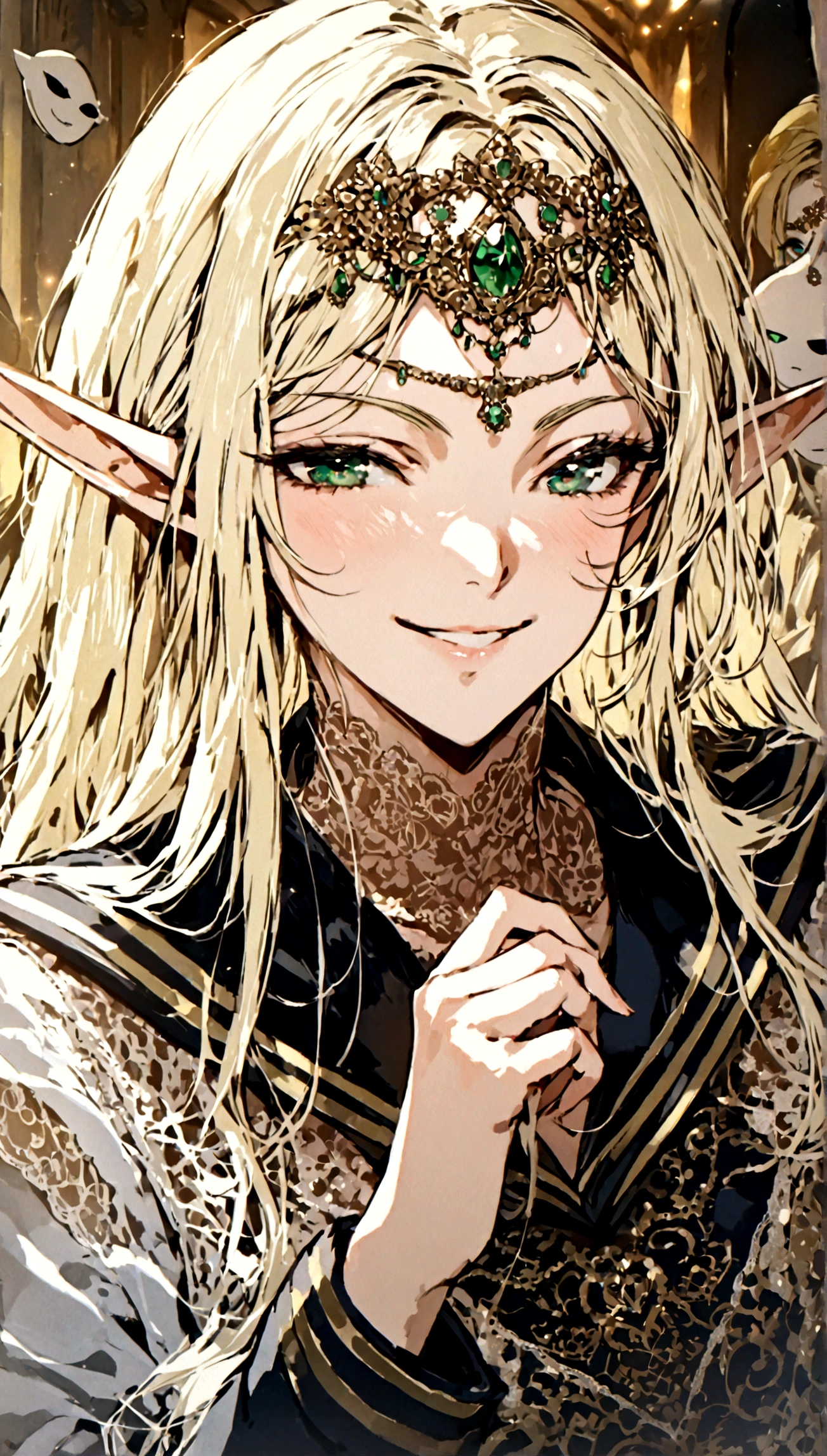 (Best Quality:1.2), (high resolution:1.2), (beautiful face and eye:1.2), (sharpest focus:1.2), (Deedlit:1.2), (elf:1.0), (Blond:1.0), (Long hair:1.0), (circlet:1.0), (green eyes:1.0), (Sailor Uniforms with lots of lace:1.2), (Smiling face:1.2), 