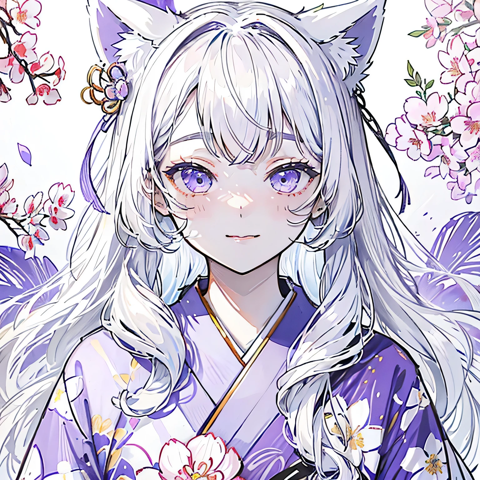 One girl、White cat ears、White Hair、Loose wavy hair、Long Hair、trimmed bangs、A cute smiling face、Lilac eyes、Kimono with floral pattern、The background is a Japanese-style room、Around 20 years old、Close-up of a face