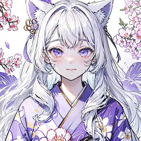 One girl、White cat ears、White Hair、Loose wavy hair、Long Hair、trimmed bangs、A cute smiling face、Lilac eyes、Kimono with floral pat...