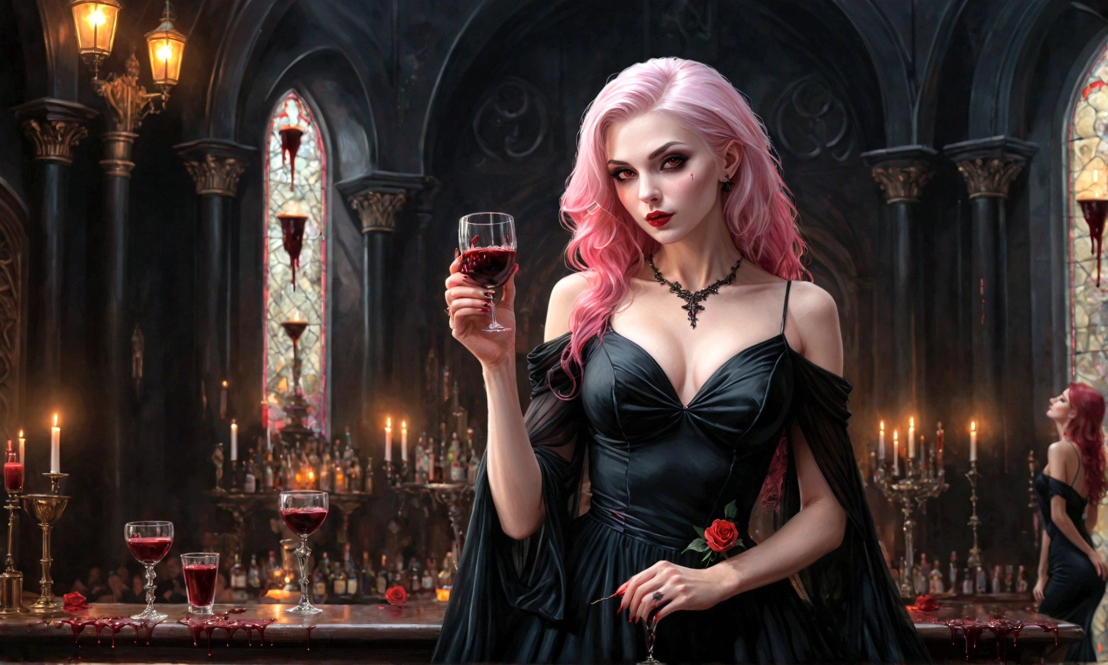 Arafed, dark fantasy art, glamour shot, award winning shot, photorealistic, a portrait of a female vampire drinking a ((glass of blood)), pink hair, long hair, red lips, glowing eyes, there is an imprint of white rose, dynamic color, she wears, an elegant (black dress: 1.5), catholic church and altar background, bar background, 16k, ultra detailed, masterpiece, best quality, (extremely detailed), Dark Art Painting Style