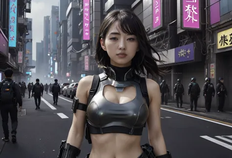 Detailed Cyberpunk Sci-Fi Characters、Beautiful young woman、Holding a rifle、超Real、Highly detailed face and body、Ample breasts、Per...