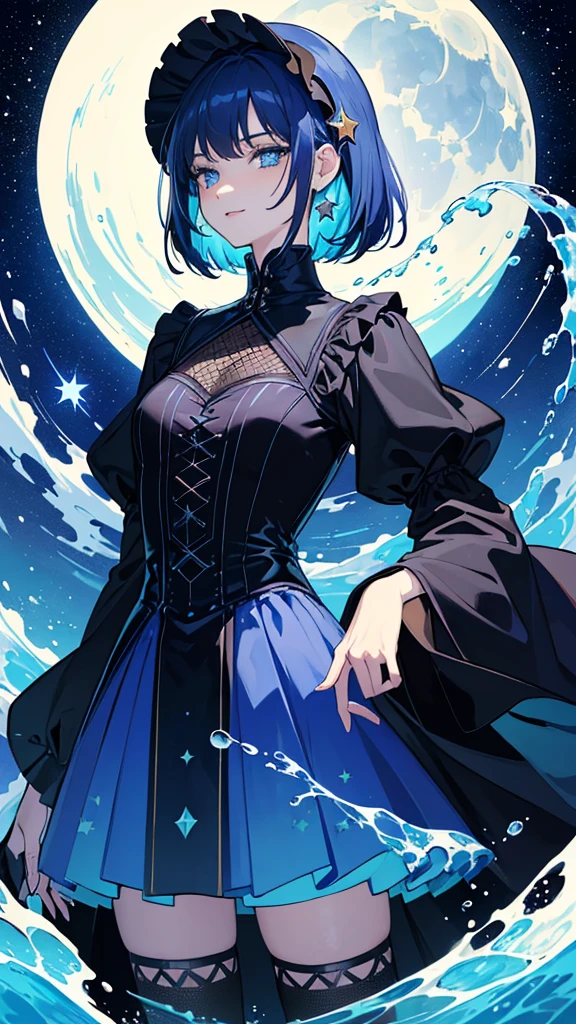 ((Masterpiece, Top quality, Best quality, Beautiful and aesthetic:1.2), (1girll:1.3),( Flat color:1.3), high resolution, Extremely detailed, Original, Colorful, colored splashing, water, spatter, Atmospheric perspective, short blue hair, white braid, icy blue white eyes, goth witch, black clothes, sexy clothes, fishnets, purple magics, smirking, arrogant, stars and moon