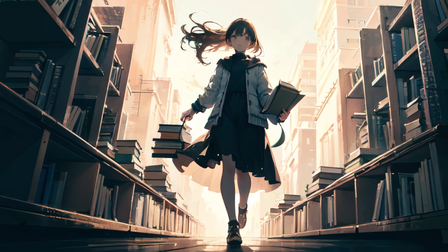 (g2h, Possession of books:1.5), One Girl, 
Good details, (Glowing background),
, masterpiece, highest quality, Wide-angle Super Detail, masterpiece, 8k, Natural light, Soft lighting, sunlight, High resolution (High Dynamic Range), Maximum clarity and sharpness, Multilayer Texture,