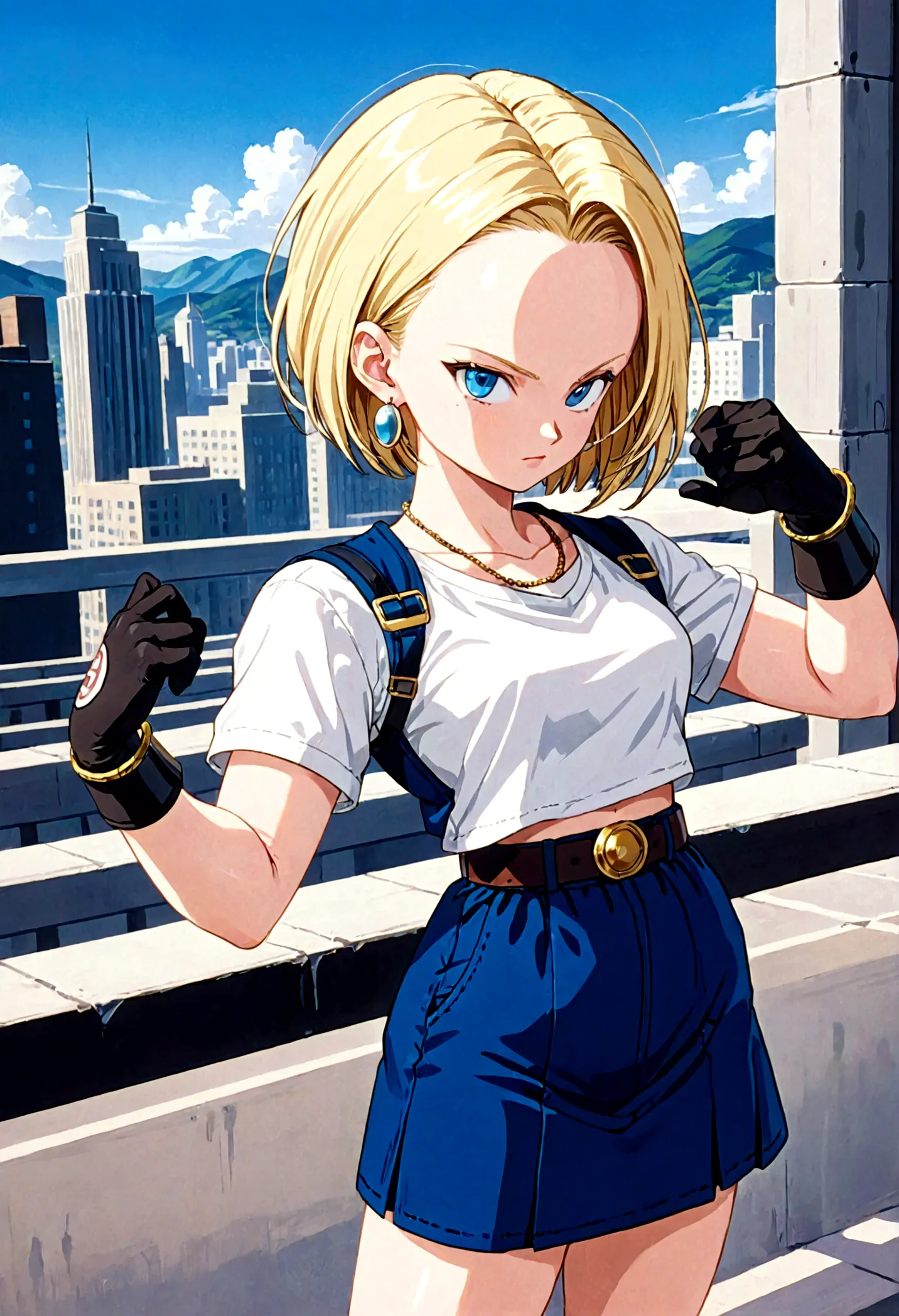 1girl, android18 from "dragon ball", cute pose, sysdeep_android18, cyborgc18dbz, db_android_18, a woman, jewelry, blond hair, sh...