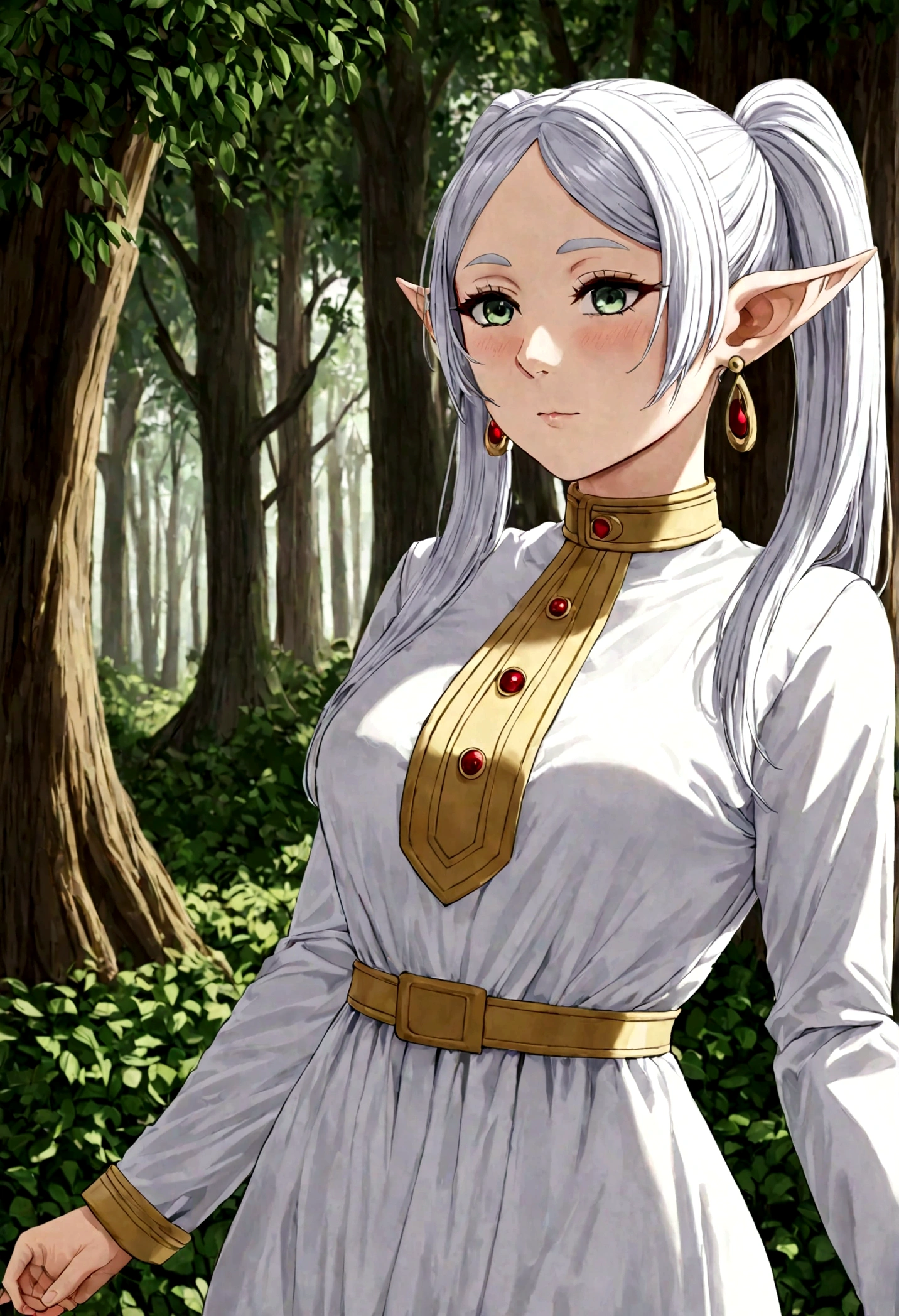 1girl, frieren, sousou no frieren, elf, standing, blush, closed mouth, hair between eyes, long sleeves, earrings, absurdres, highres, Fantasy, elven forest, best quality, masterpiece, very aesthetic, perfect composition, intricate details, ultra-detailed