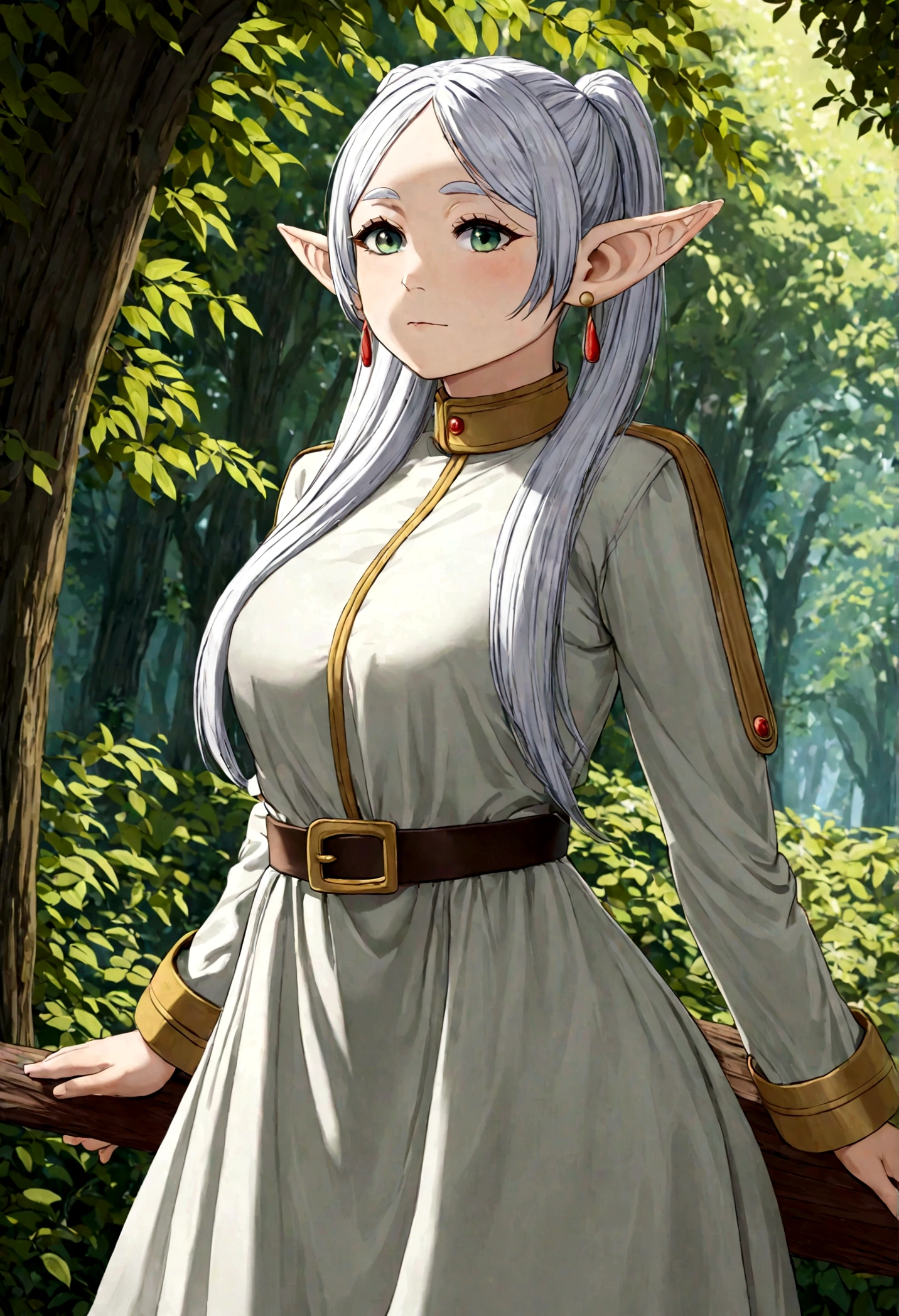 1girl, frieren, sousou no frieren, elf, standing, blush, closed mouth, hair between eyes, long sleeves, earrings, absurdres, highres, Fantasy, elven forest, best quality, masterpiece, very aesthetic, perfect composition, intricate details, ultra-detailed