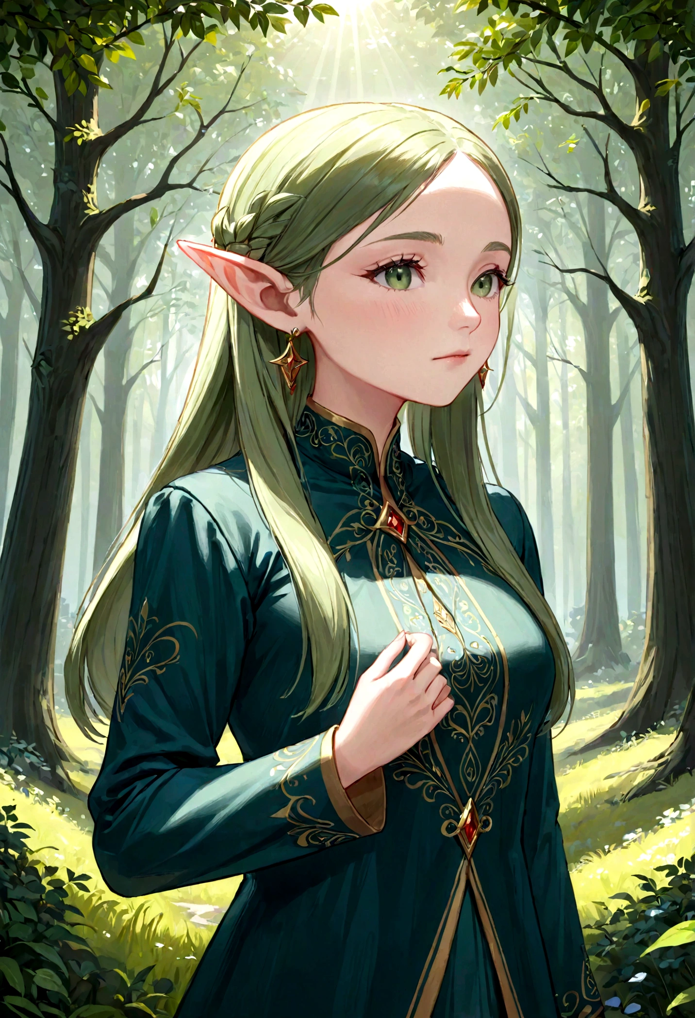 1girl, frieren, sousou no frieren, elf, standing, blush, closed mouth, hair between eyes, long sleeves, earrings, absurdres, highres, Fantasy, elven forest, best quality, masterpiece, very aesthetic, perfect composition, intricate details, ultra-detailed