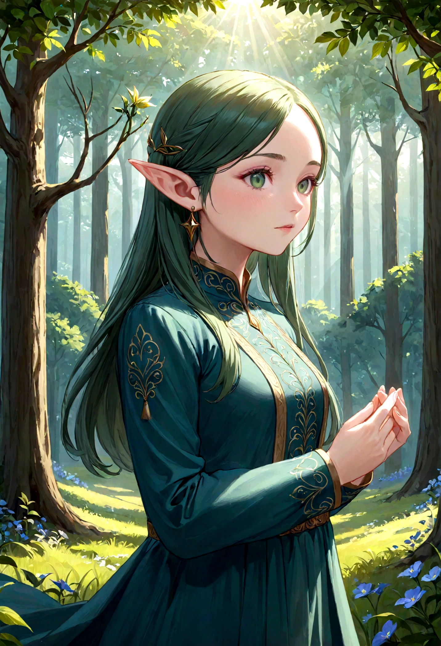 1girl, frieren, sousou no frieren, elf, standing, blush, closed mouth, hair between eyes, long sleeves, earrings, absurdres, highres, Fantasy, elven forest, best quality, masterpiece, very aesthetic, perfect composition, intricate details, ultra-detailed