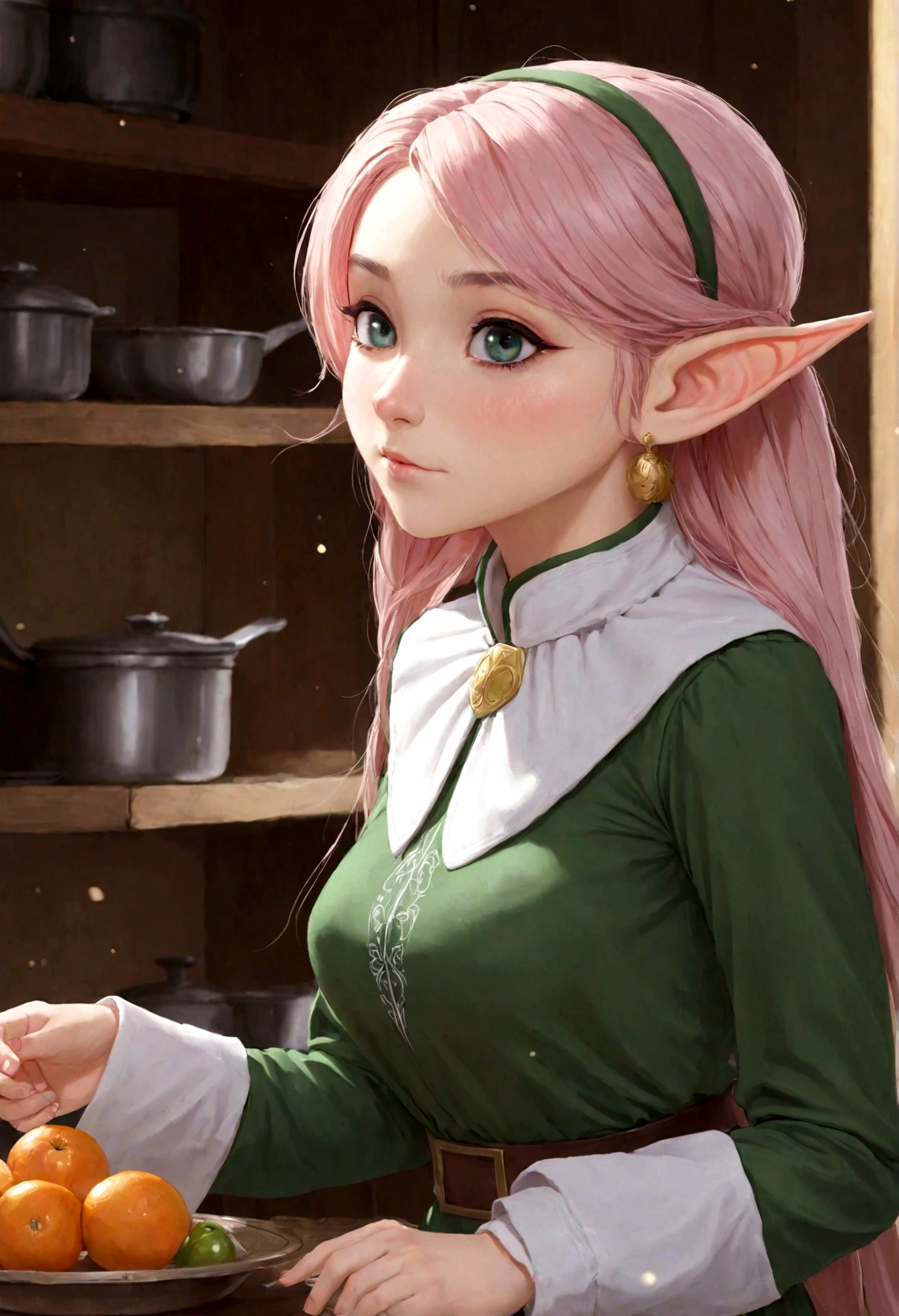 1girl, cute pose, frieren, sousou no frieren, elf, kitchen, blush, closed mouth, hair between eyes, long sleeves, earrings, best quality, masterpiece, very aesthetic, perfect composition, intricate details, ultra-detailed