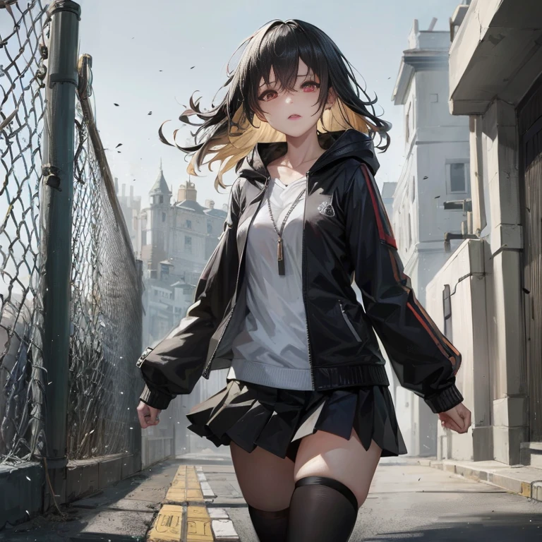 Anime-Mädchen läuft in schwarzer Jacke und Rock die Straße entlang, Mädchen Frontline Stil, Mädchen Frontline CG, artwork in the style of guweiz, von Mädchenfrontline, feine Details. Mädchenfrontlinie, bestes Anime 4k Konachan-Hintergrundbild, guweiz, Mädchenfrontlinie, Anime-Stil. 8K, Hanyamata, Anime-Stil 4k, junges Anime-Mädchen