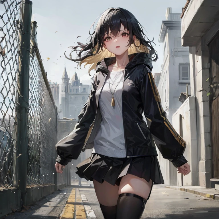 Anime-Mädchen läuft in schwarzer Jacke und Rock die Straße entlang, Mädchen Frontline Stil, Mädchen Frontline CG, artwork in the style of guweiz, von Mädchenfrontline, feine Details. Mädchenfrontlinie, bestes Anime 4k Konachan-Hintergrundbild, guweiz, Mädchenfrontlinie, Anime-Stil. 8K, Hanyamata, Anime-Stil 4k, junges Anime-Mädchen